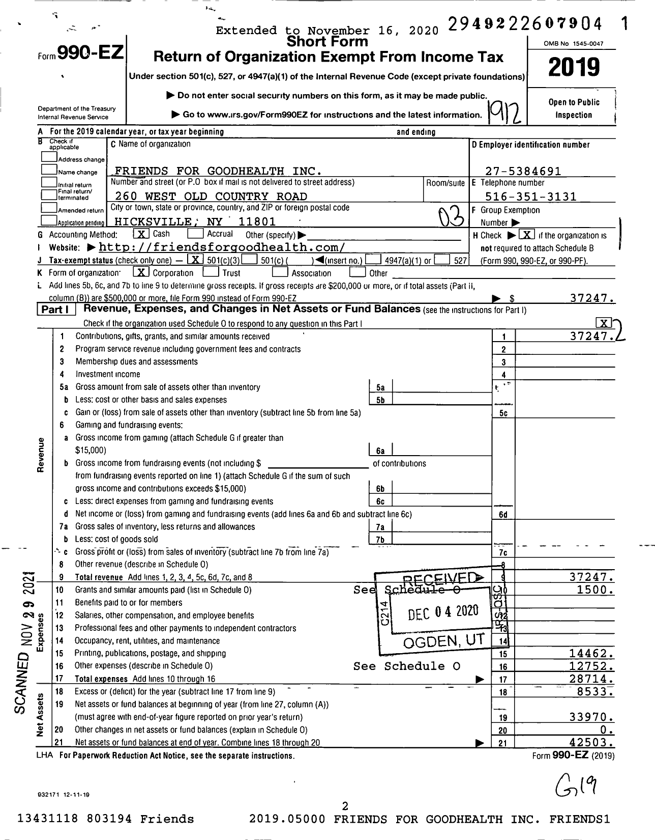 Image of first page of 2019 Form 990EZ for Friends for Goodhealth