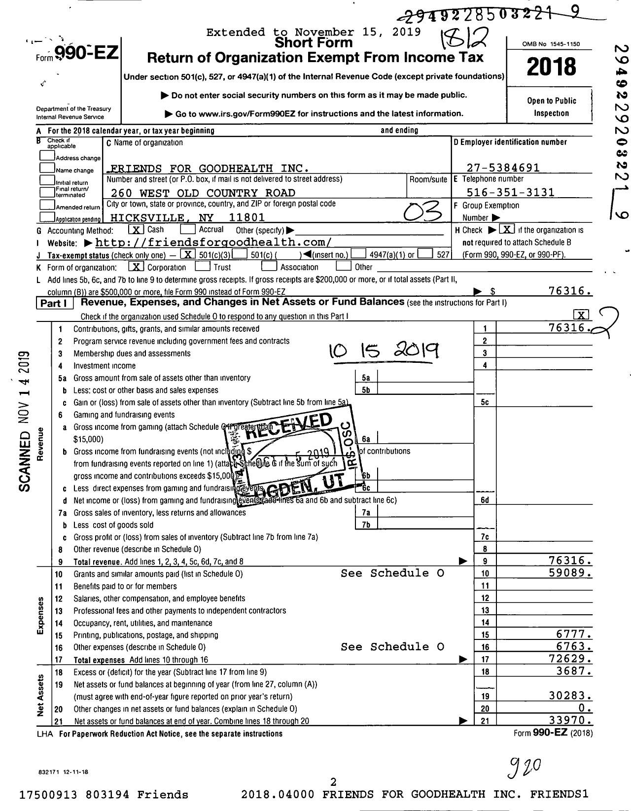 Image of first page of 2018 Form 990EZ for Friends for Goodhealth