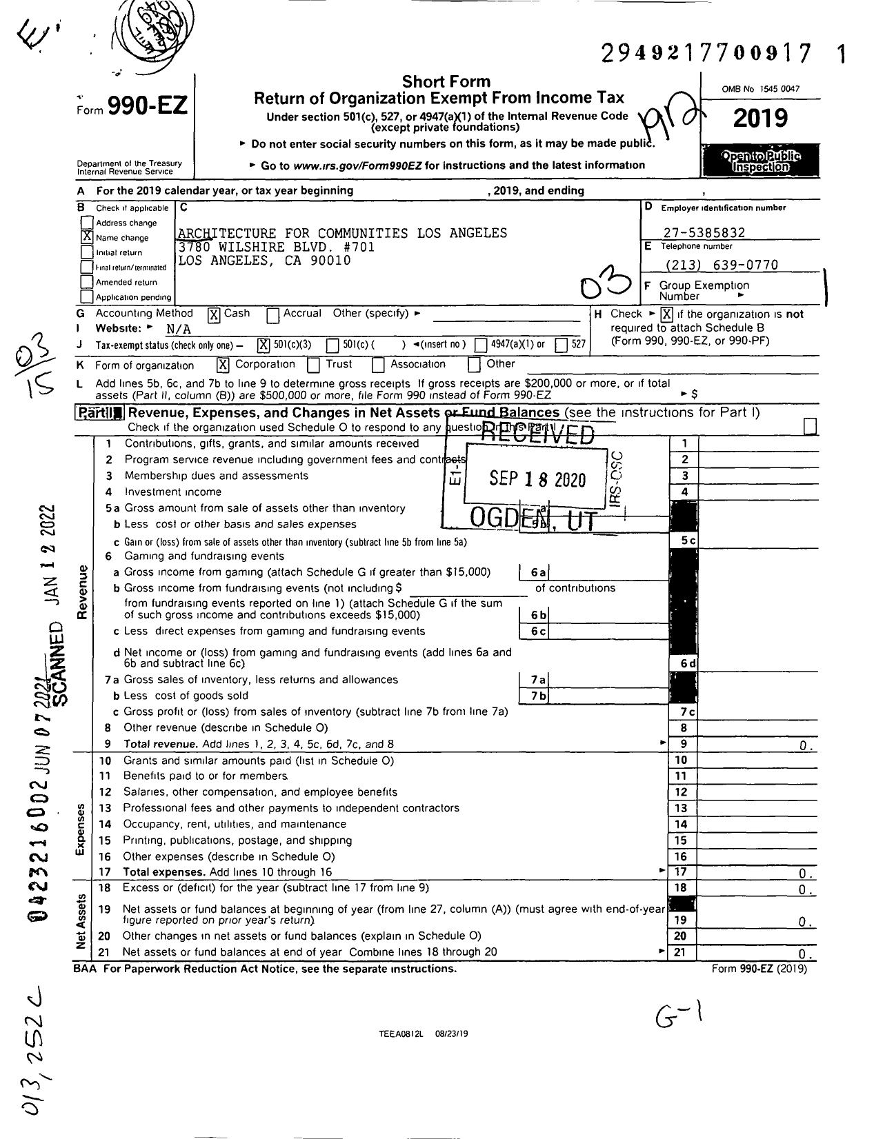 Image of first page of 2019 Form 990EZ for Architecture for Communities Los Angeles