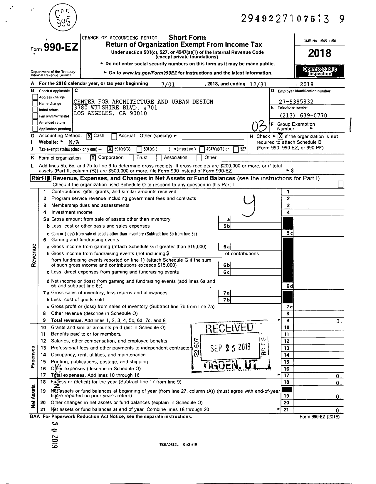 Image of first page of 2018 Form 990EZ for Architecture for Communities Los Angeles