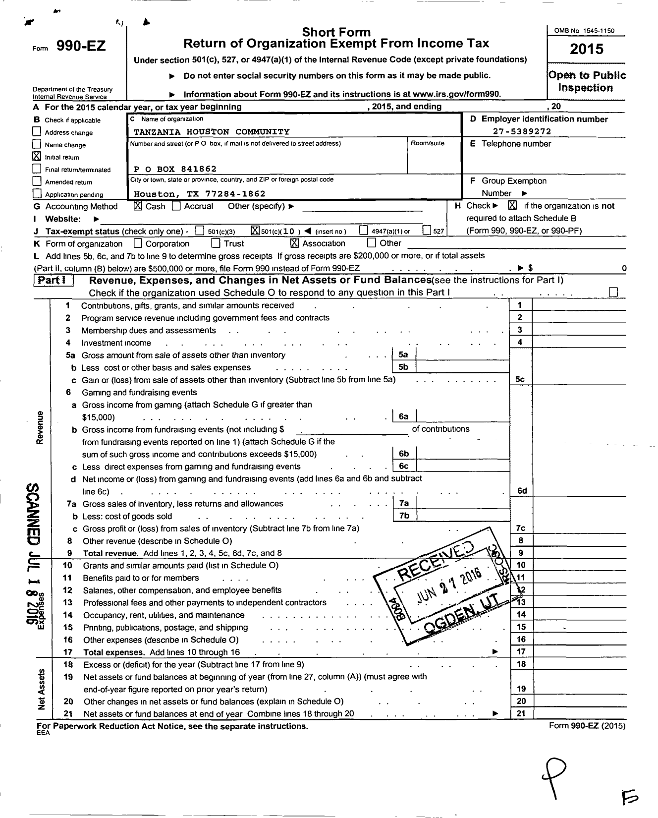 Image of first page of 2015 Form 990EO for Tanzania Houston Community