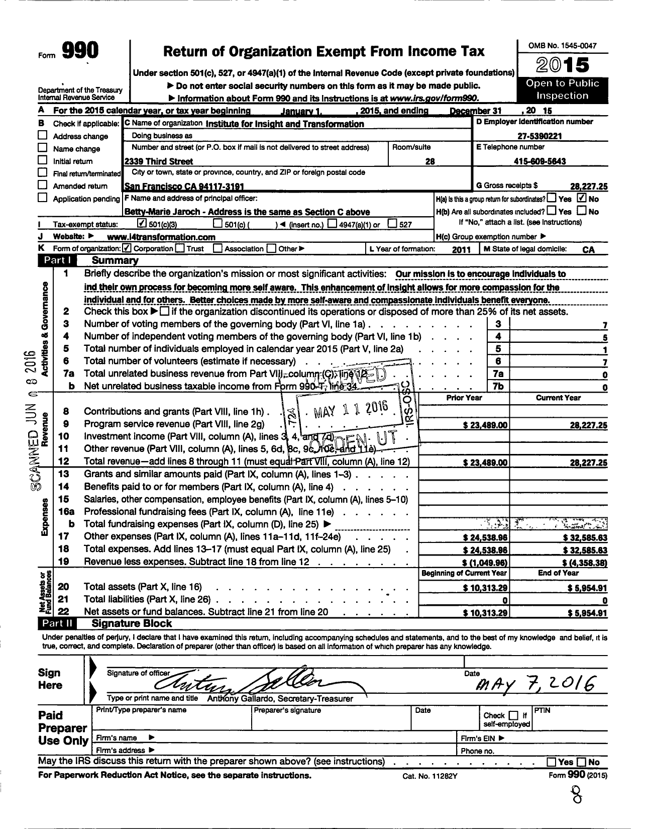 Image of first page of 2015 Form 990 for Institute for Insight and Transformation