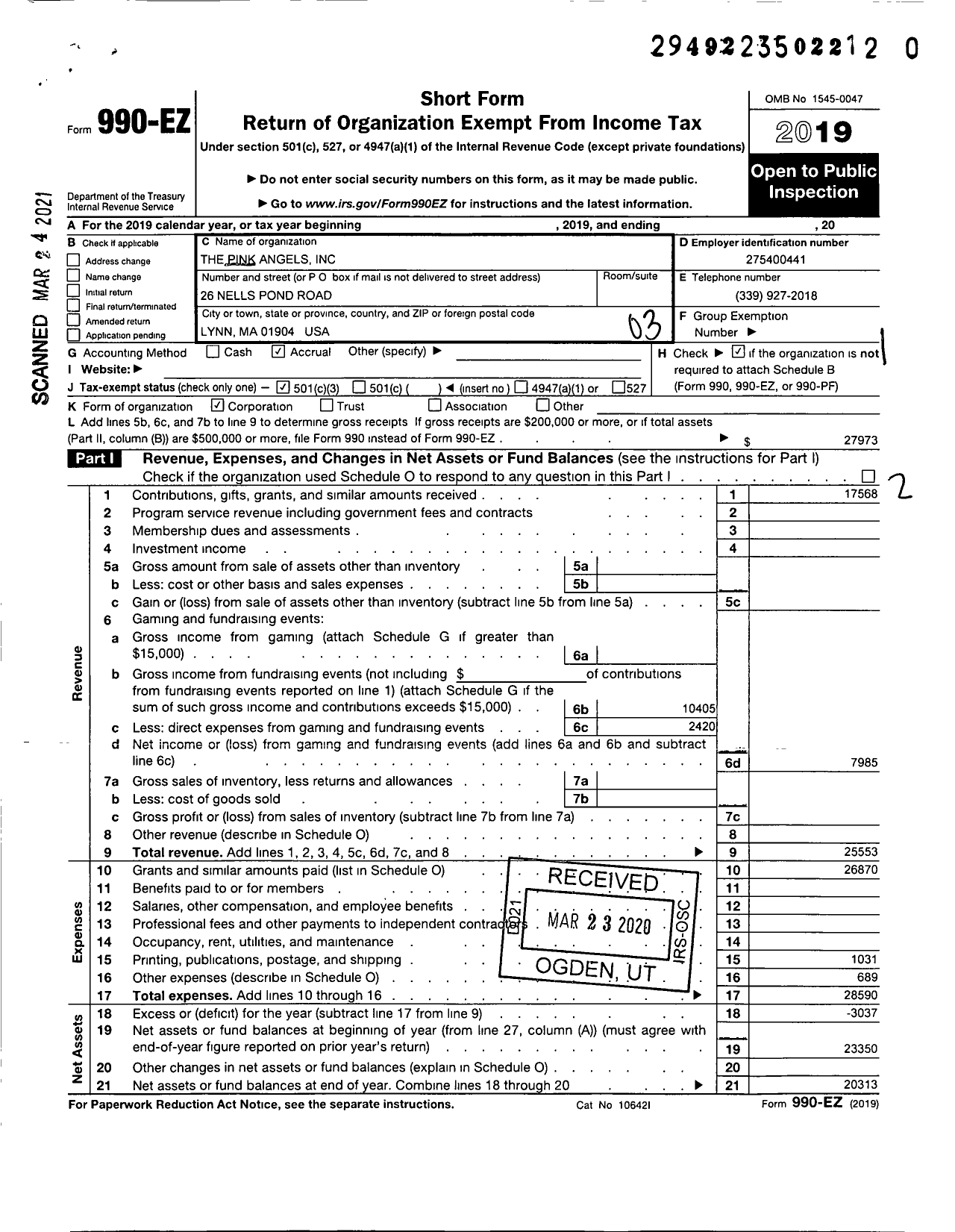 Image of first page of 2019 Form 990EZ for Pink Angels