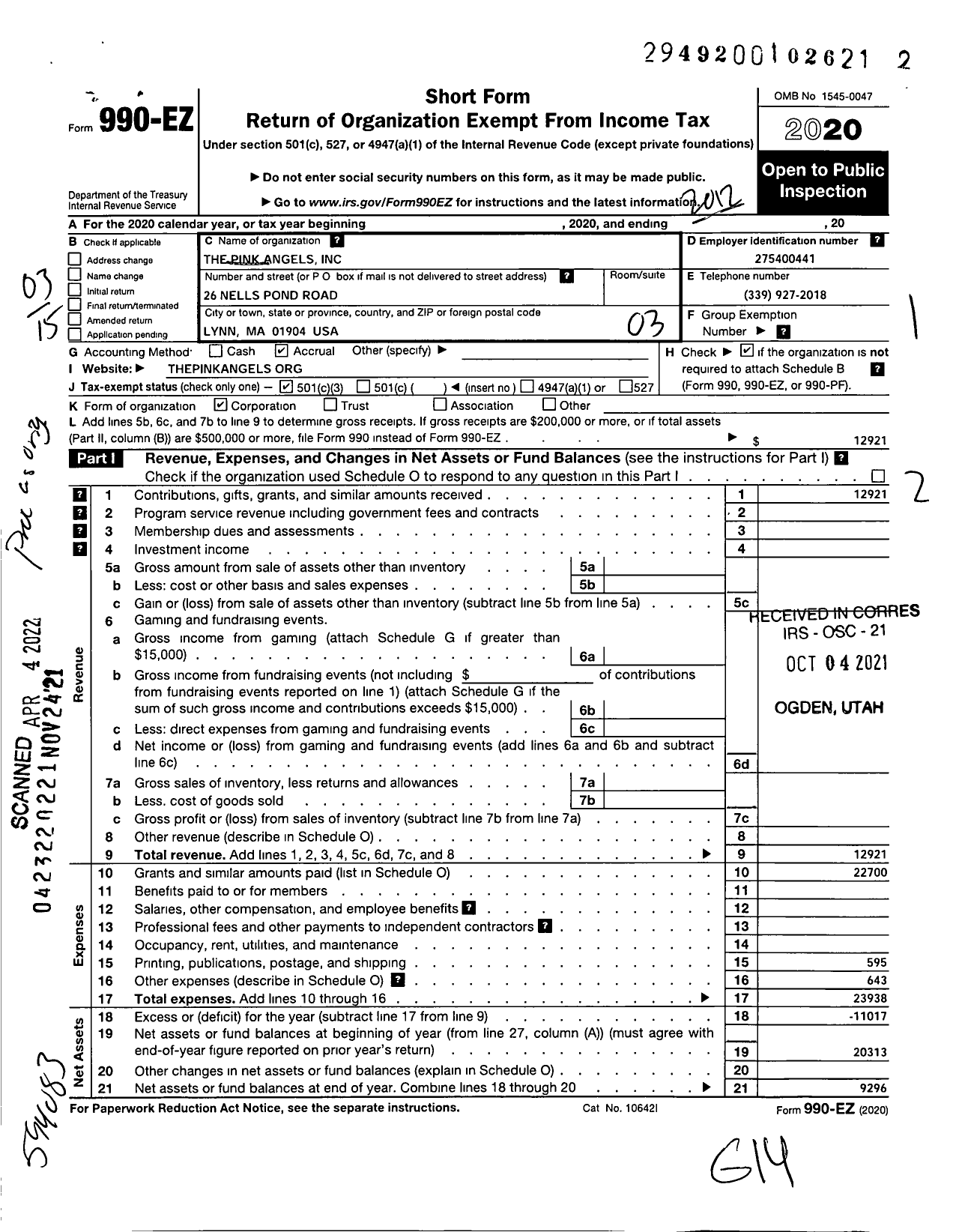 Image of first page of 2020 Form 990EZ for Pink Angels