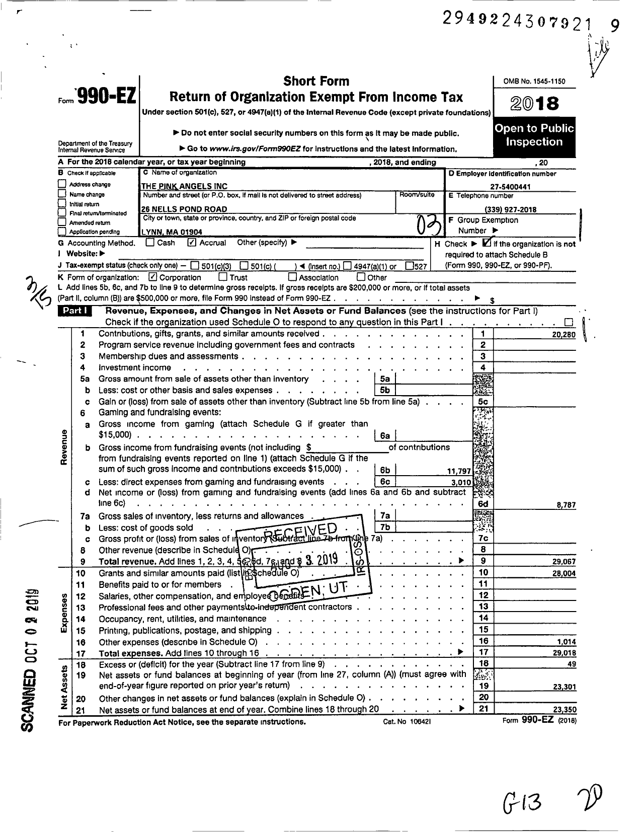 Image of first page of 2018 Form 990EZ for Pink Angels