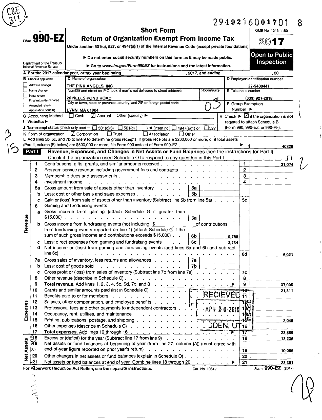 Image of first page of 2017 Form 990EZ for Pink Angels