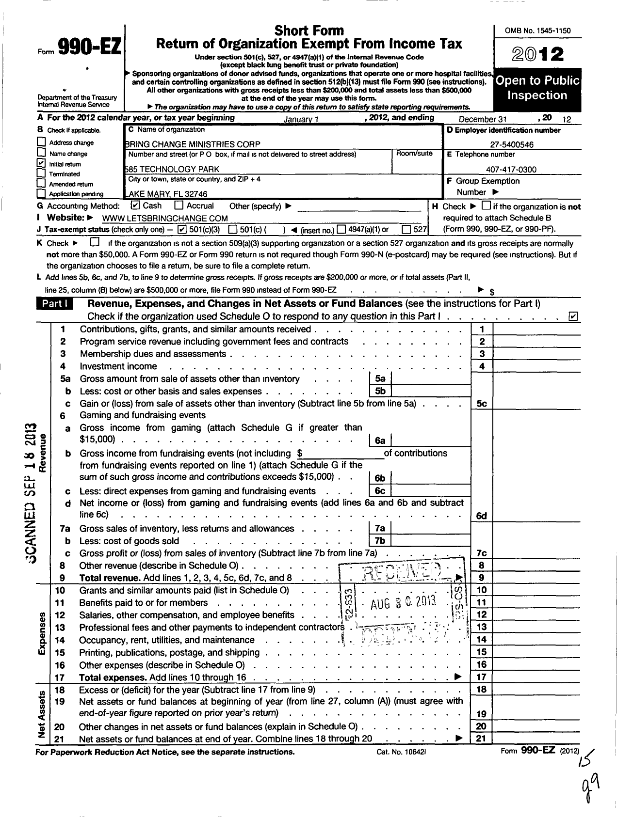 Image of first page of 2012 Form 990EZ for Bring Change Ministries Corporation