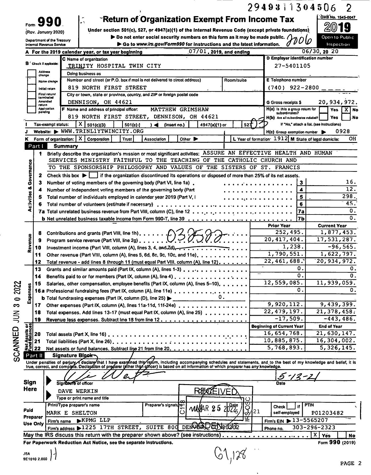 Image of first page of 2019 Form 990 for Trinity Hospital Twin City