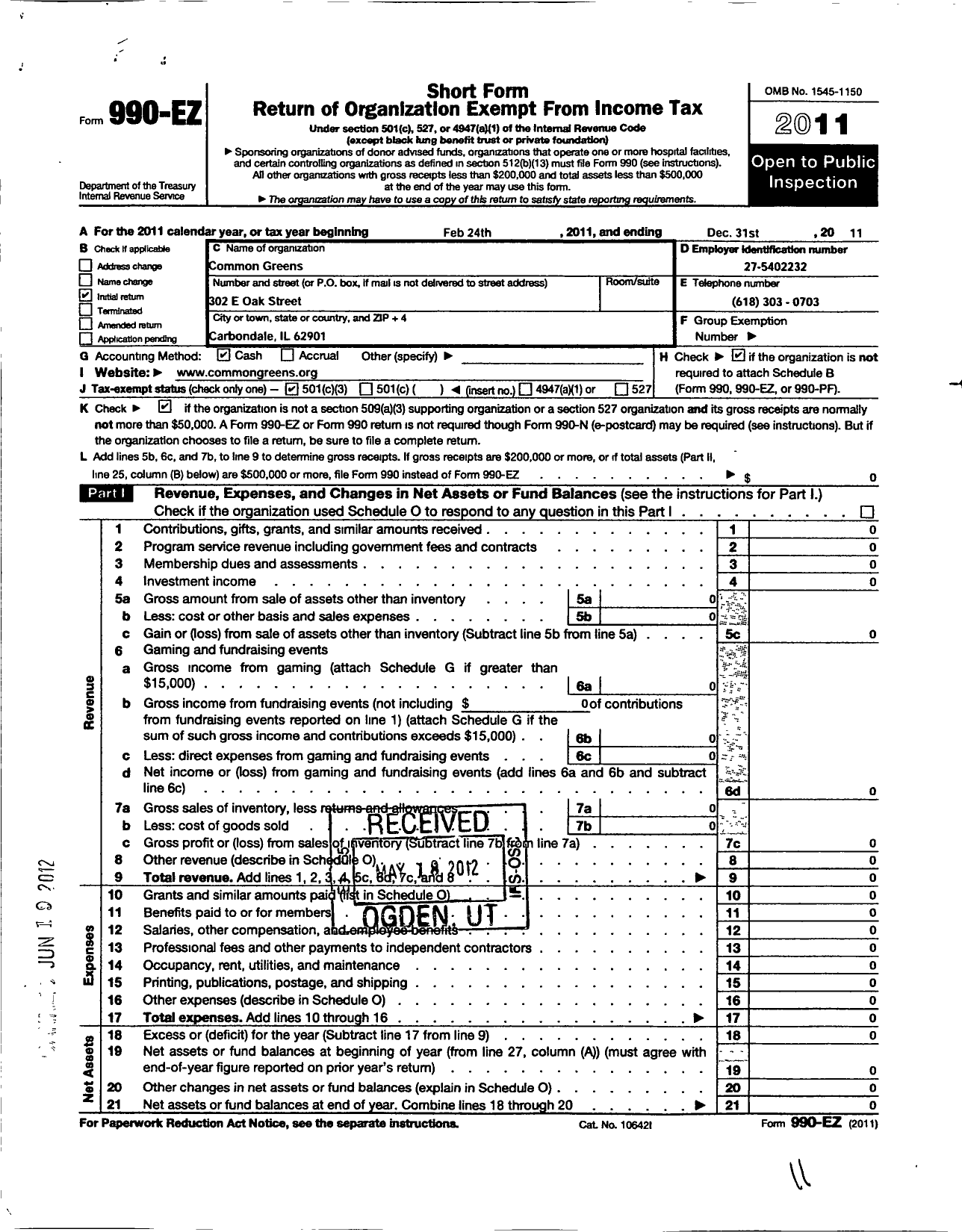Image of first page of 2011 Form 990EZ for Common Greens
