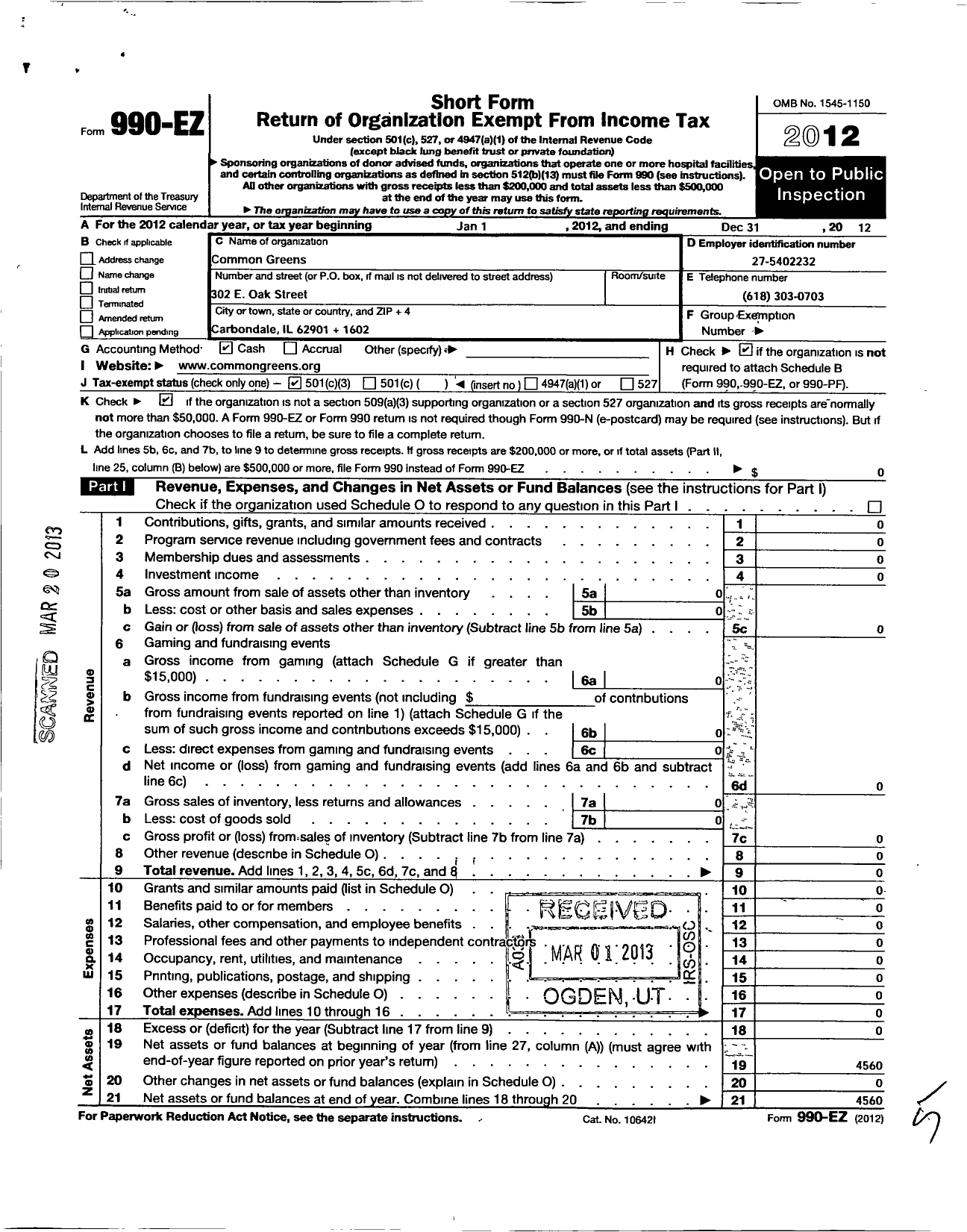Image of first page of 2012 Form 990EZ for Common Greens