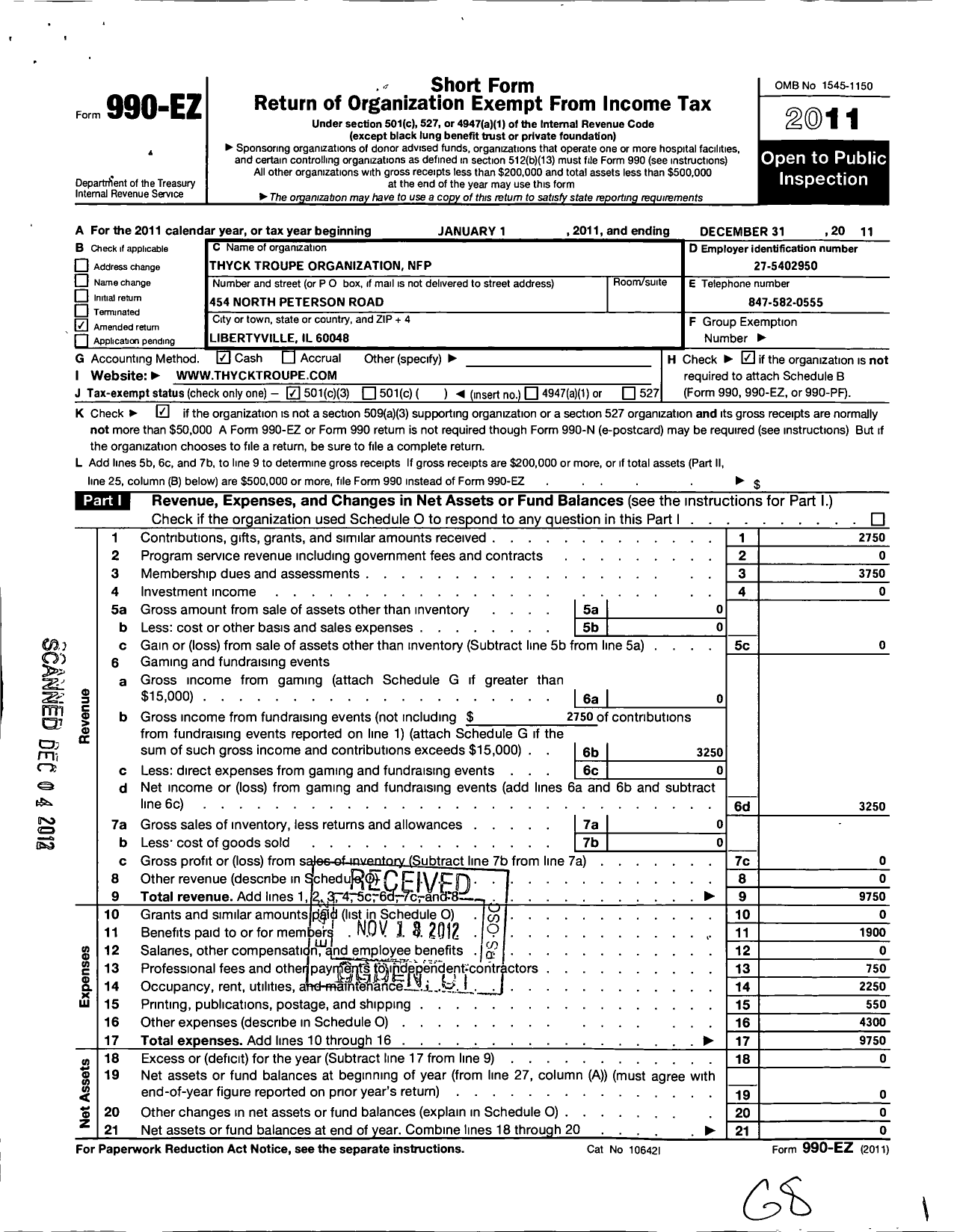 Image of first page of 2011 Form 990EZ for Thyck Troupe Organization