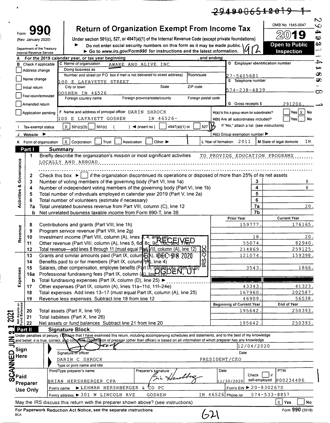 Image of first page of 2019 Form 990 for Awake and Alive