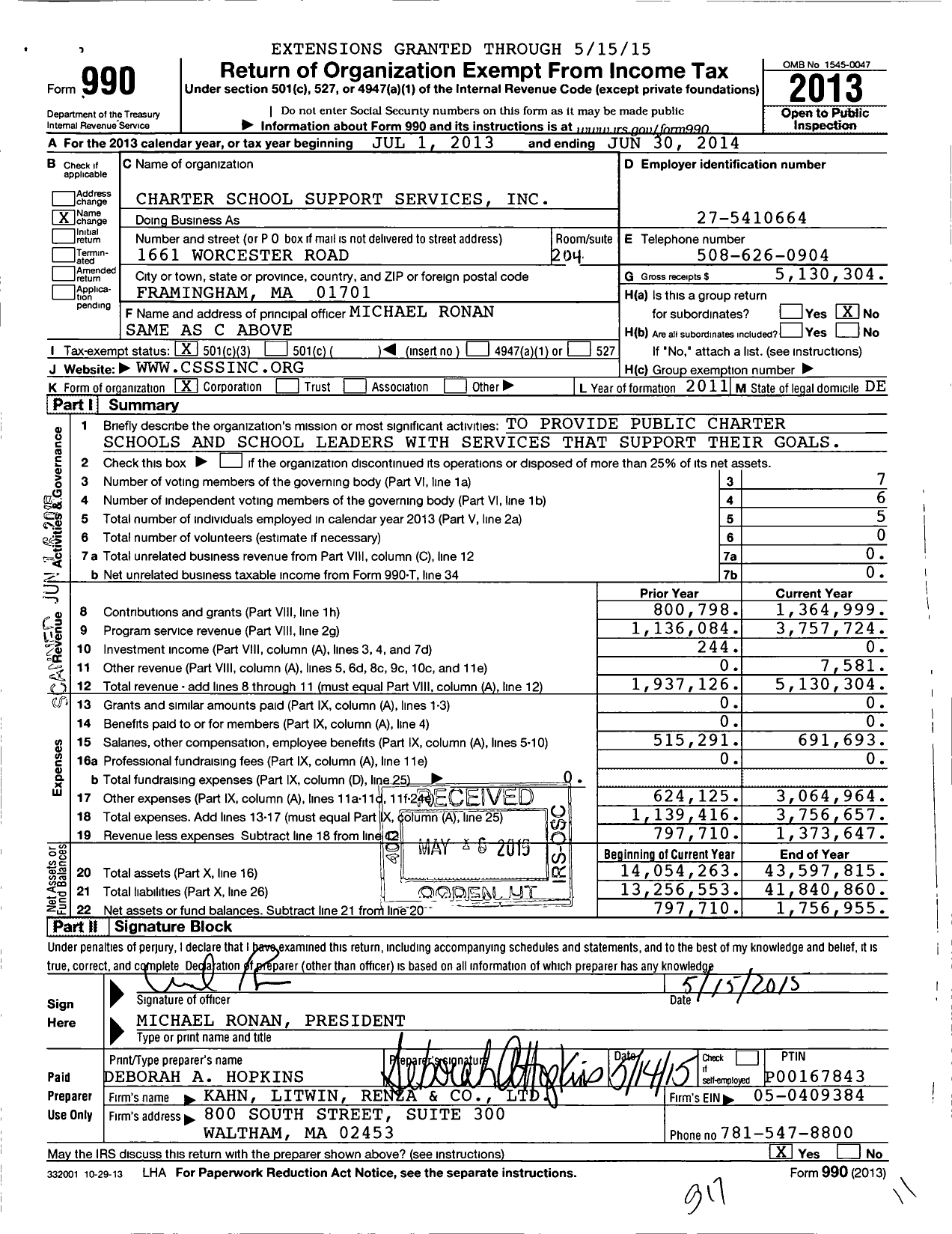 Image of first page of 2013 Form 990 for Charter School Support Services (CSSS)