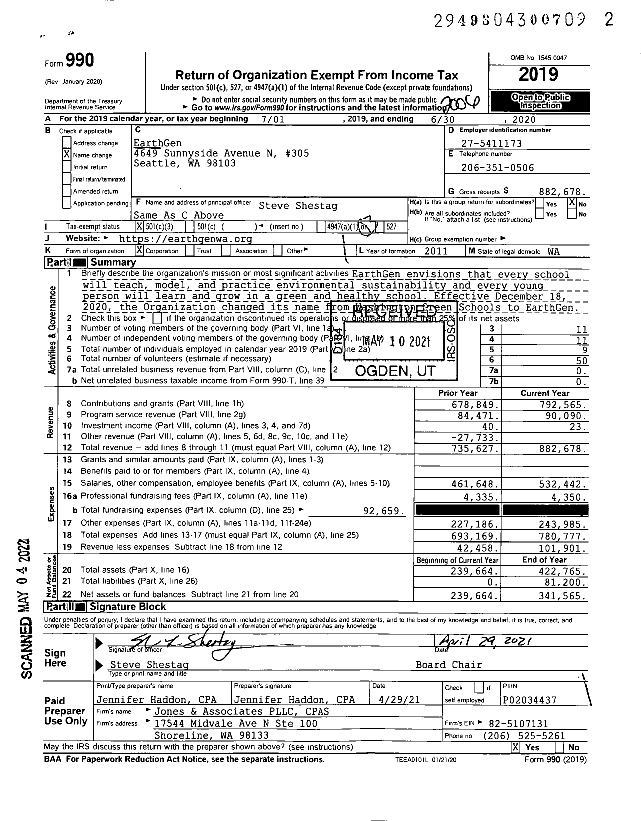 Image of first page of 2019 Form 990 for EarthGen