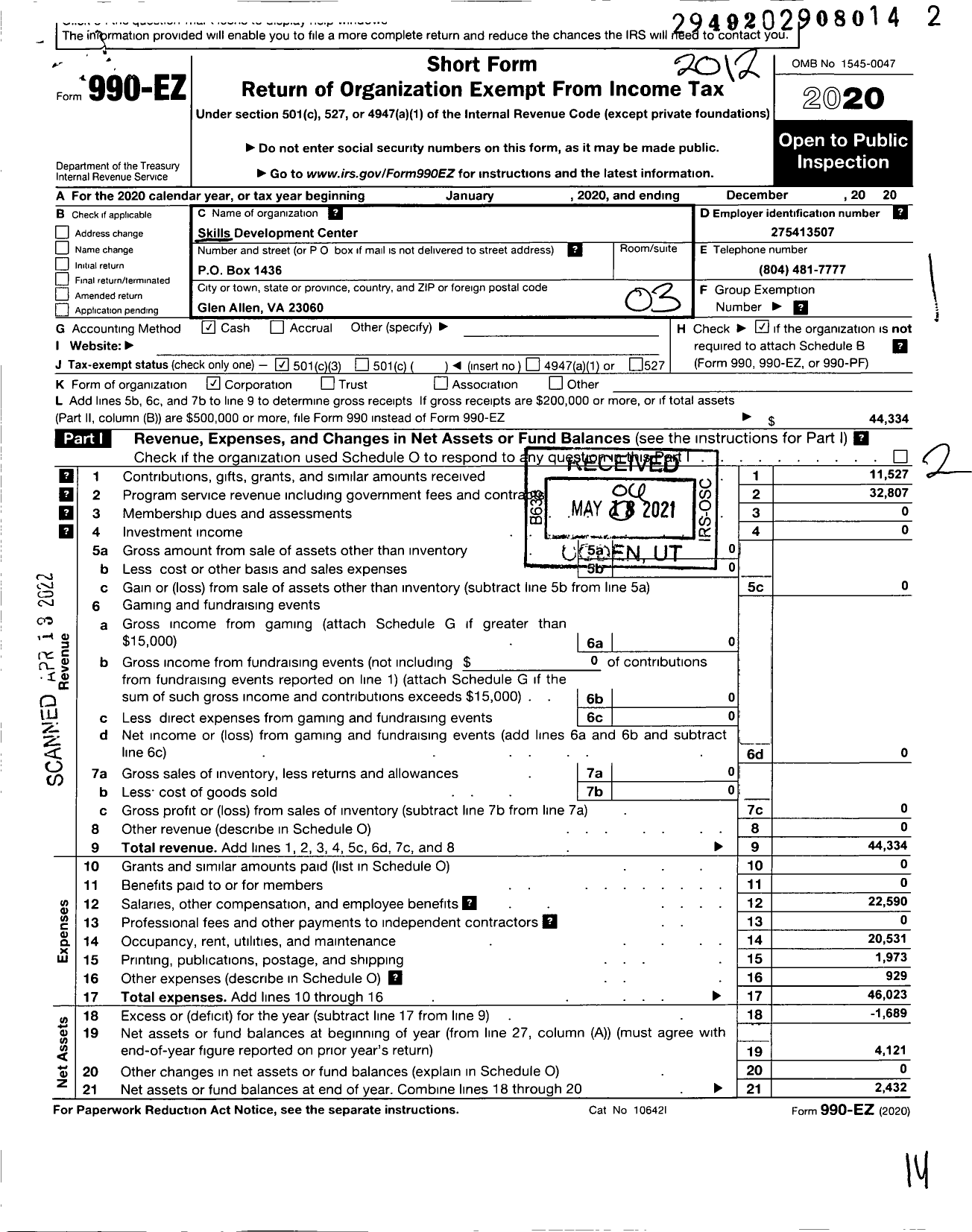 Image of first page of 2020 Form 990EZ for Skills Development Center