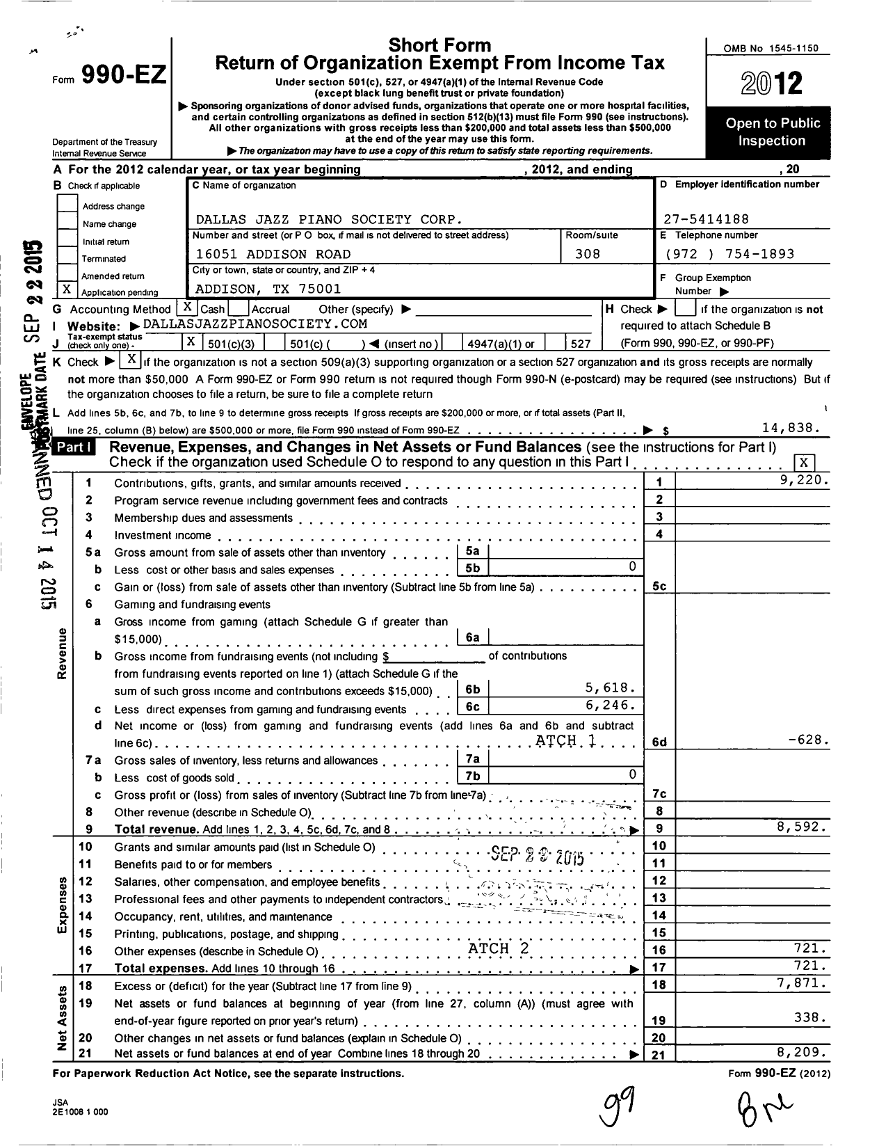 Image of first page of 2012 Form 990EZ for Dallas Jazz Piano Society Corporation