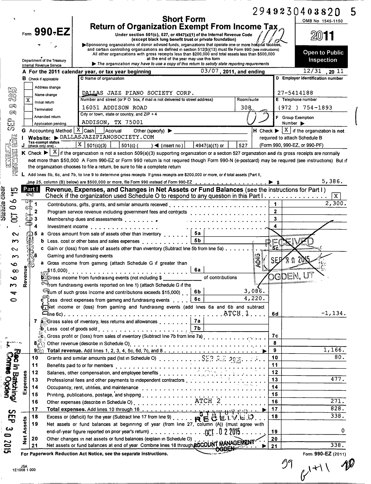 Image of first page of 2011 Form 990EZ for Dallas Jazz Piano Society Corporation