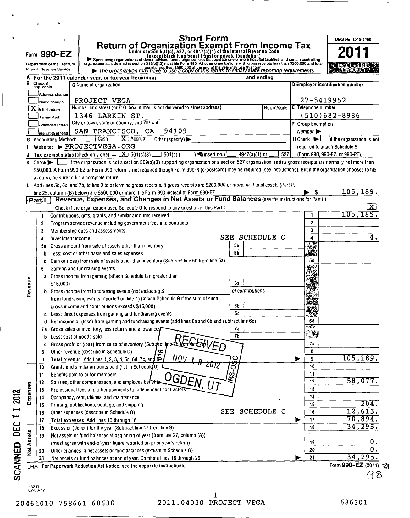 Image of first page of 2011 Form 990EZ for Project Vega