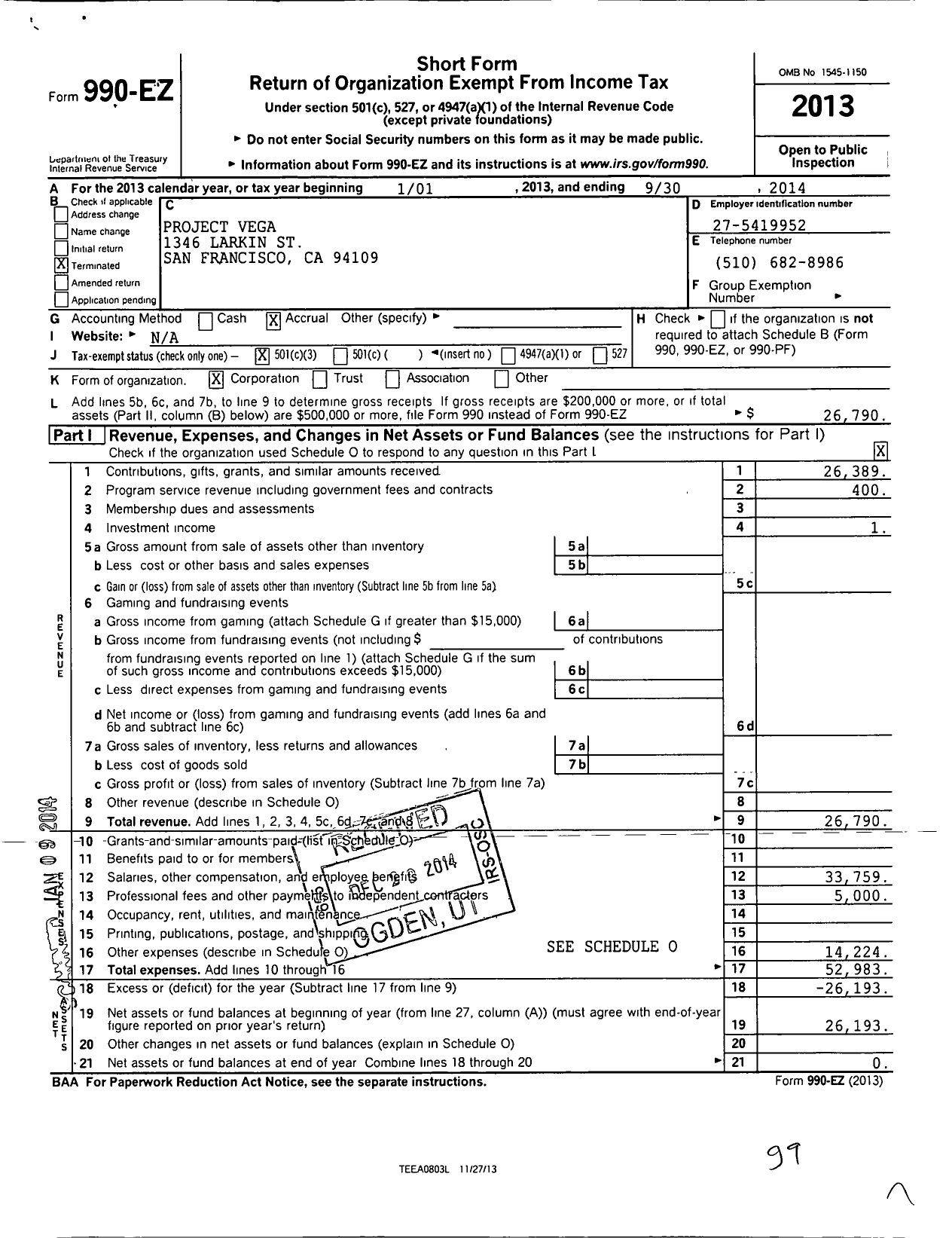 Image of first page of 2013 Form 990EZ for Project Vega