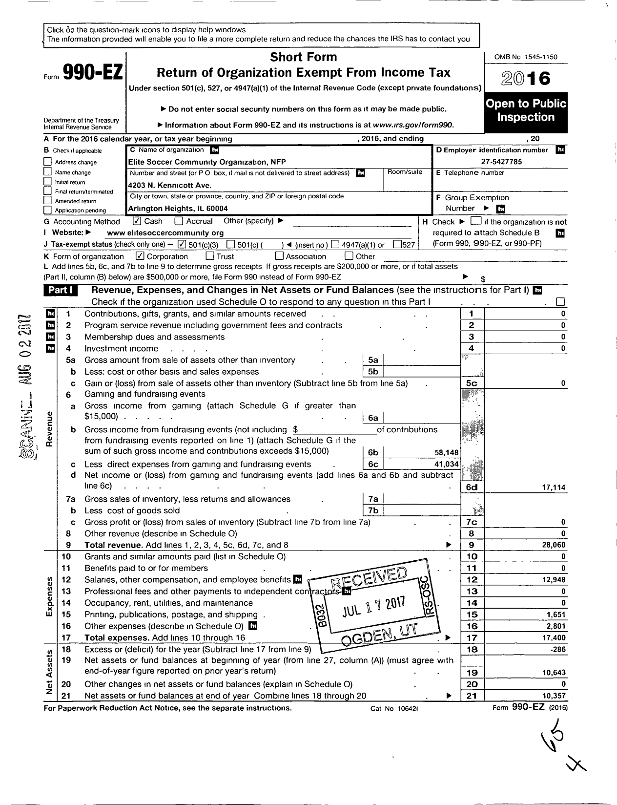 Image of first page of 2016 Form 990EZ for Elite Soccer Community Organization NFP