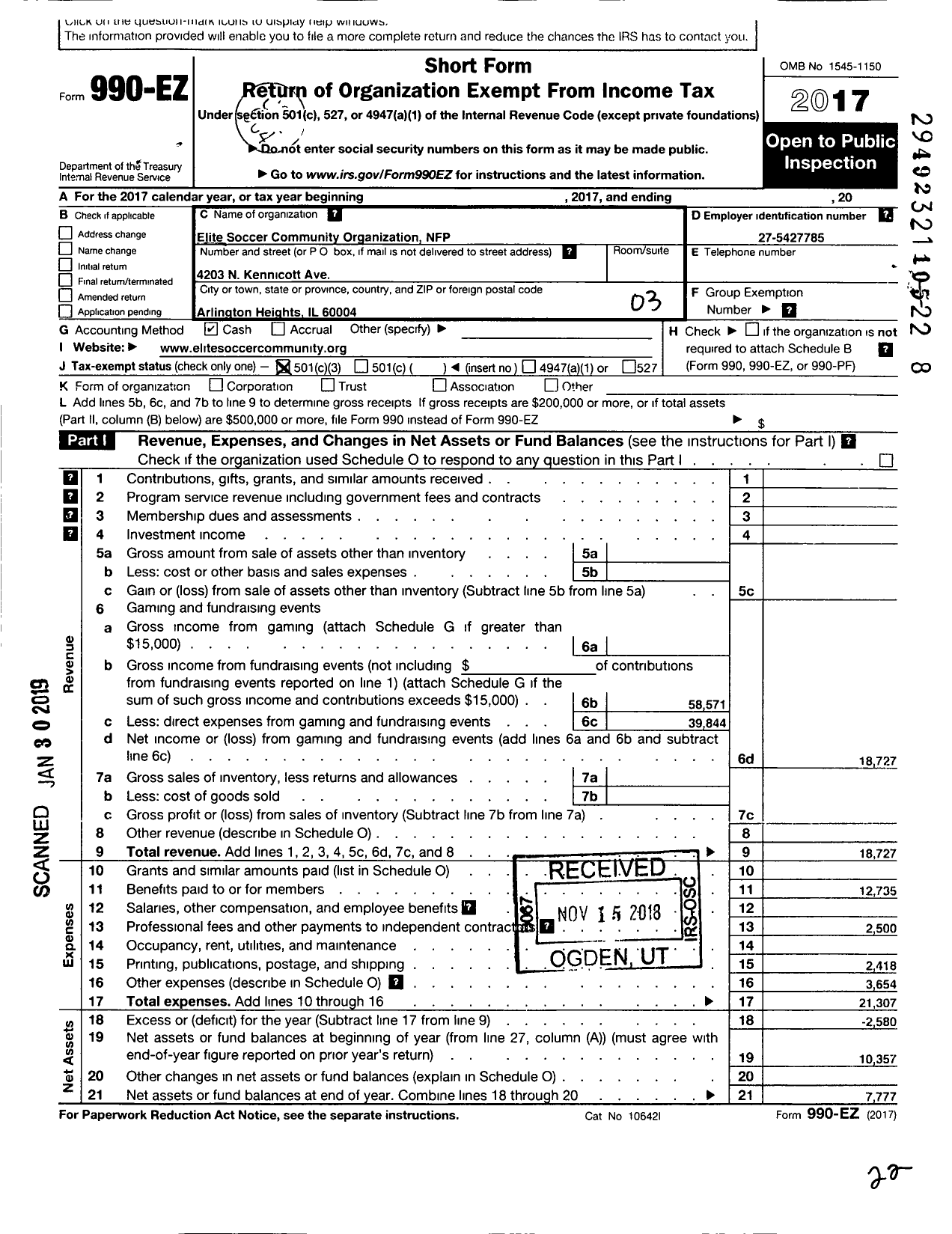 Image of first page of 2017 Form 990EZ for Elite Soccer Community Organization NFP