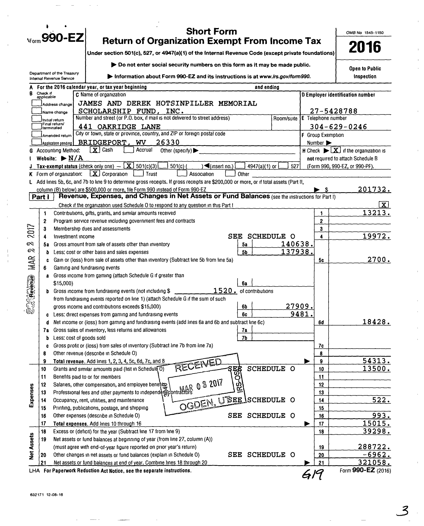 Image of first page of 2016 Form 990EZ for James and Derek Hotsinpiller Memorial Scholarship Fund