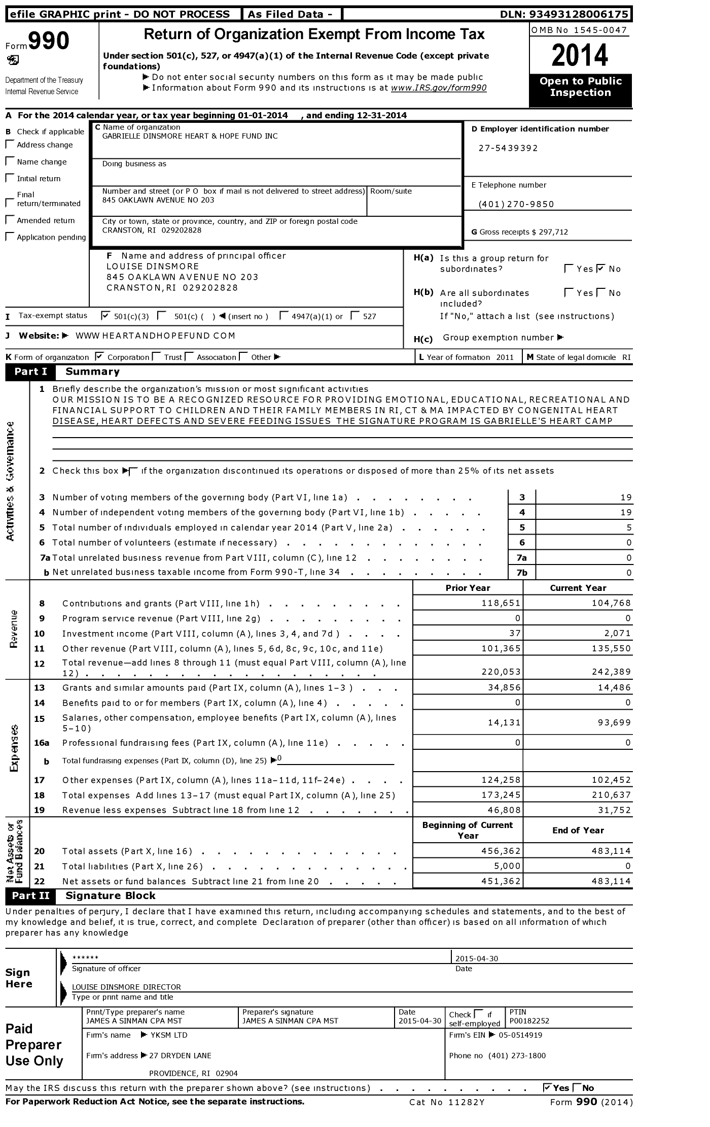 Image of first page of 2014 Form 990 for Gabrielle Dinsmore Heart and Hope Fund