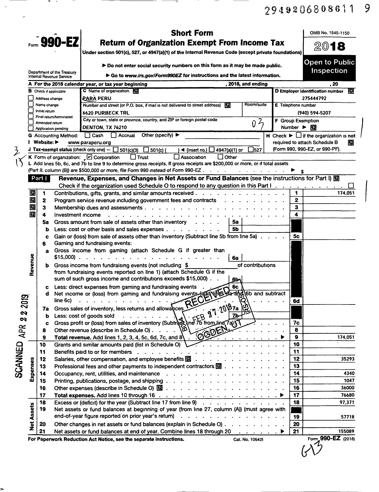 Image of first page of 2018 Form 990EZ for Para Peru