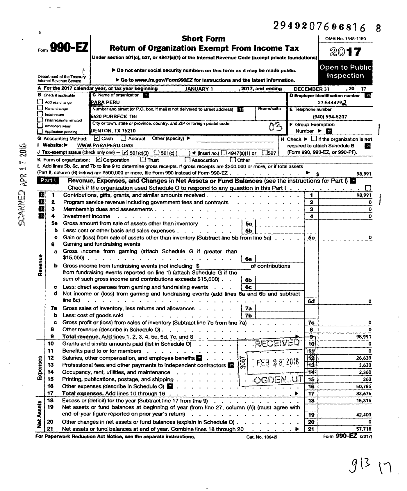 Image of first page of 2017 Form 990EZ for Para Peru