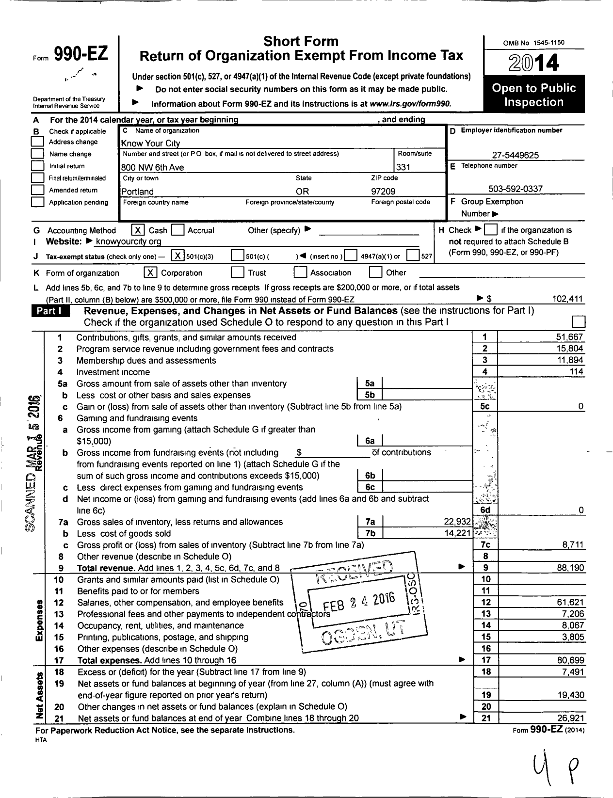 Image of first page of 2014 Form 990EZ for Know Your City