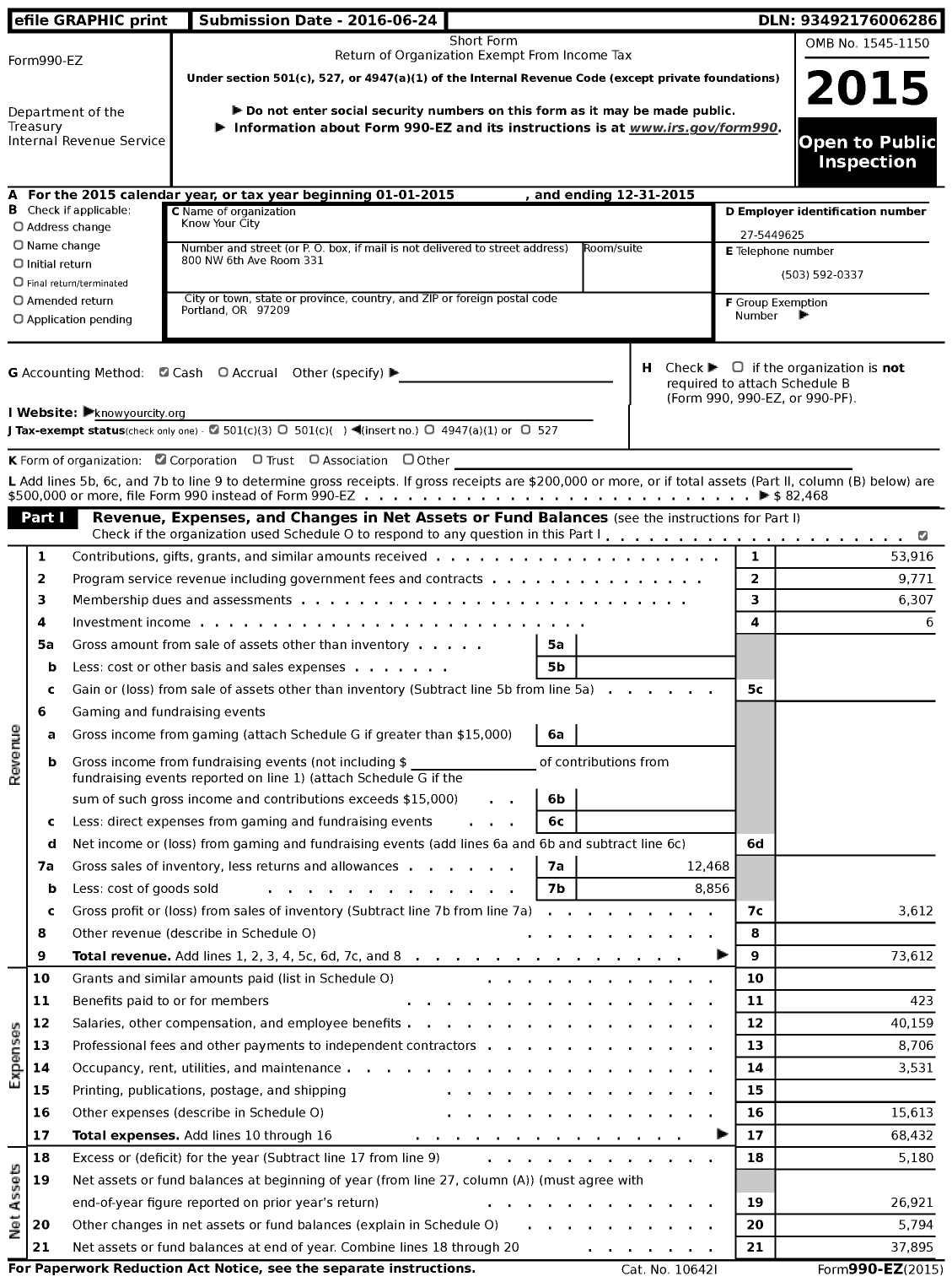 Image of first page of 2015 Form 990EZ for Know Your City