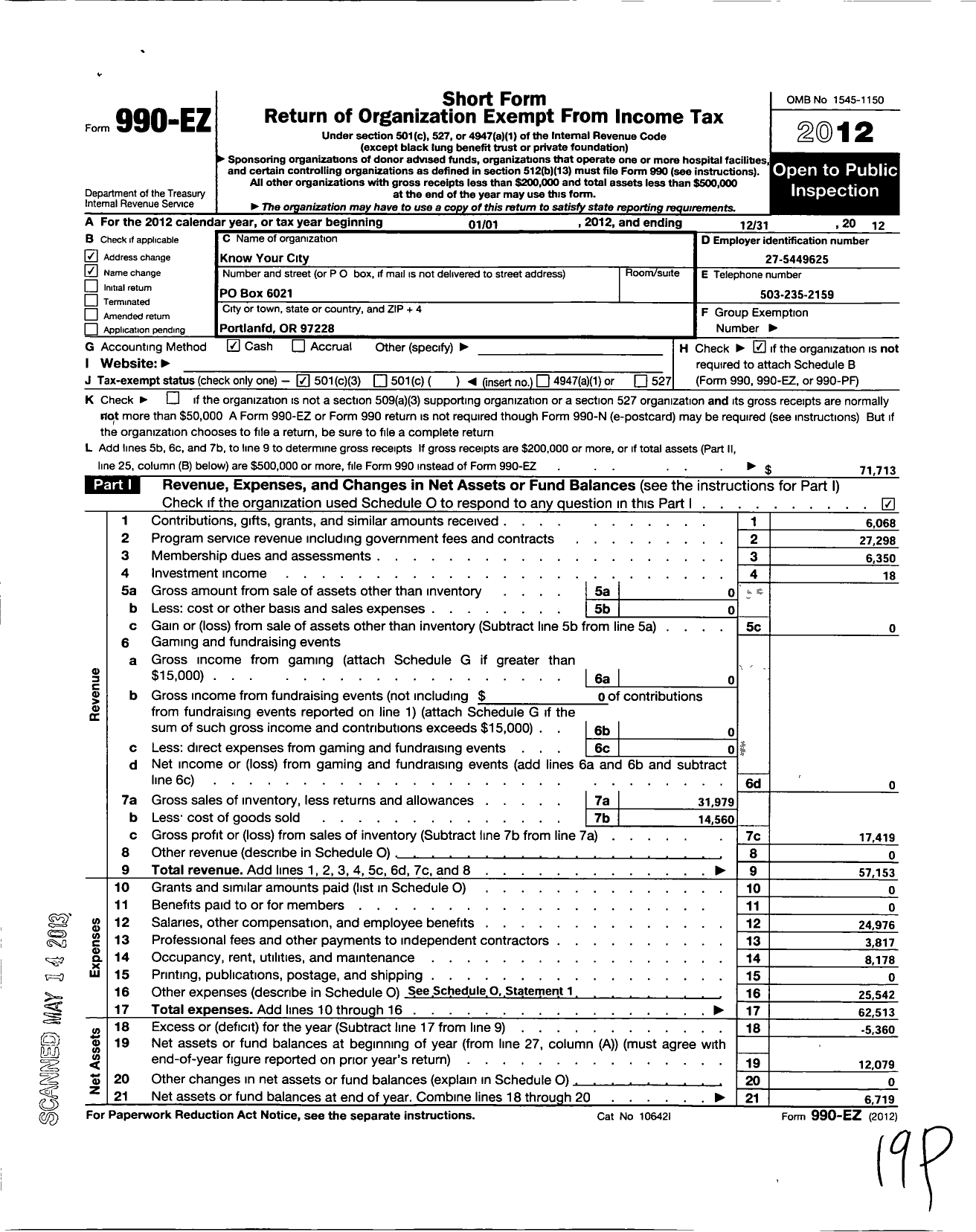 Image of first page of 2012 Form 990EZ for Know Your City