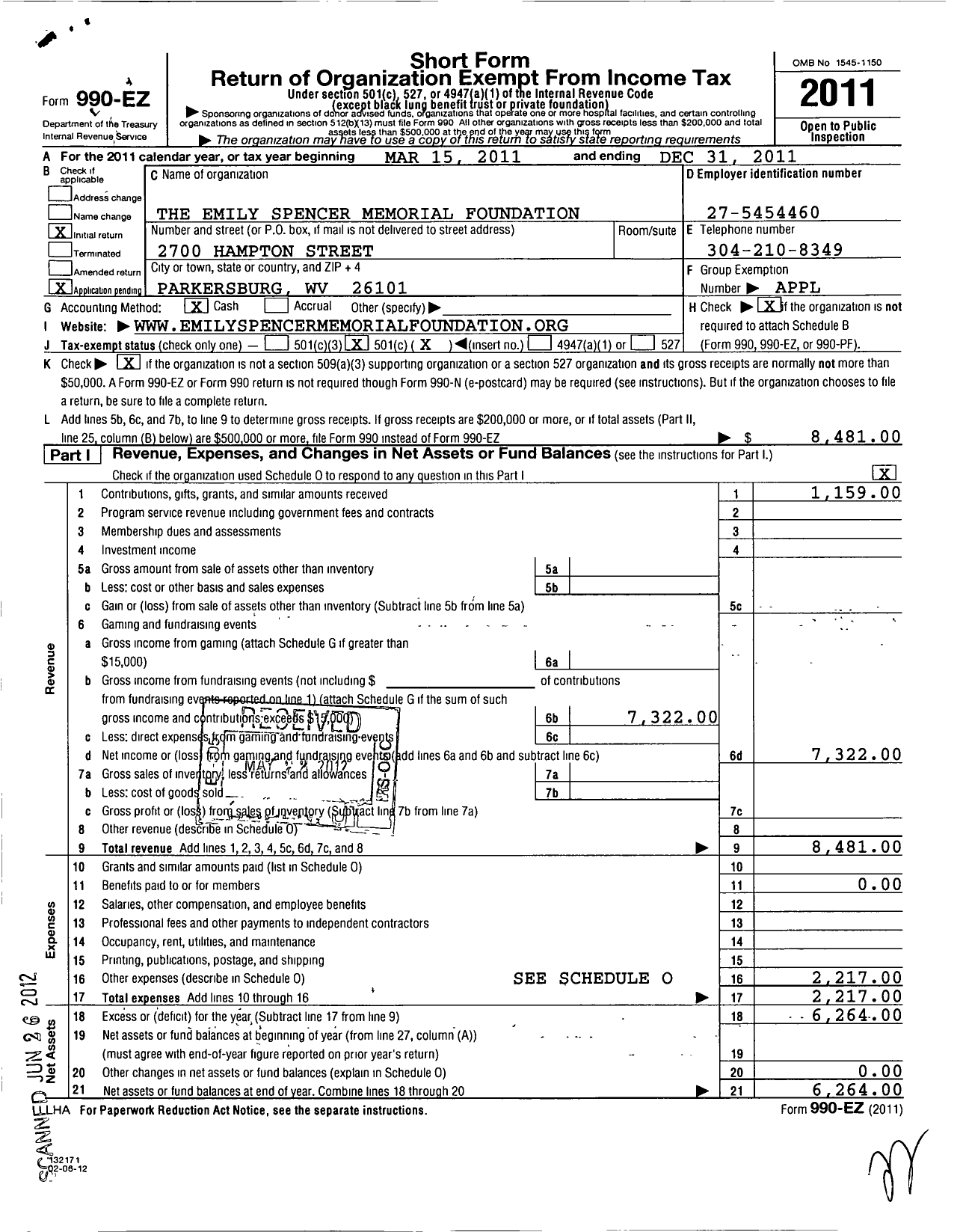 Image of first page of 2011 Form 990EO for Emily Spencer Memorial Foundation