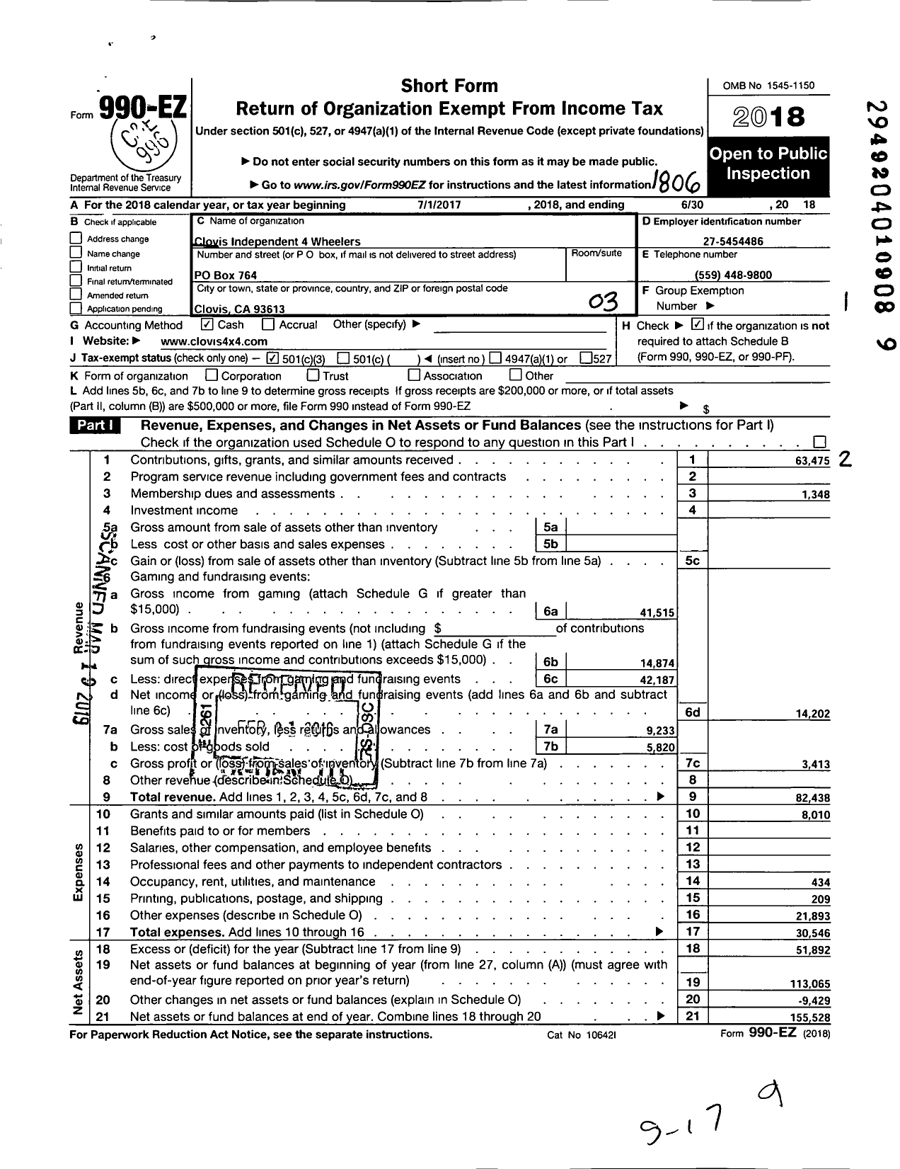 Image of first page of 2017 Form 990EZ for Clovis Independent 4 Wheelers Nonprofit