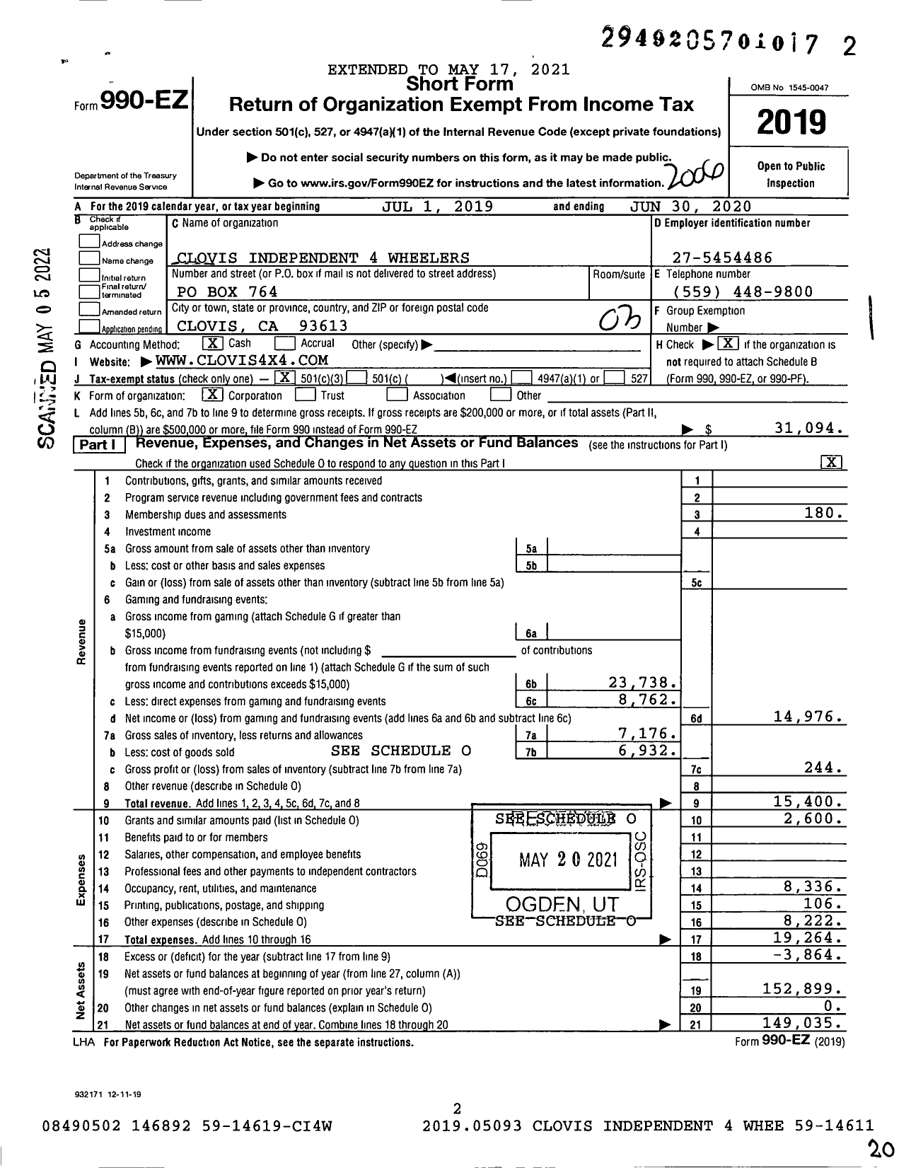 Image of first page of 2019 Form 990EZ for Clovis Independent 4 Wheelers Nonprofit