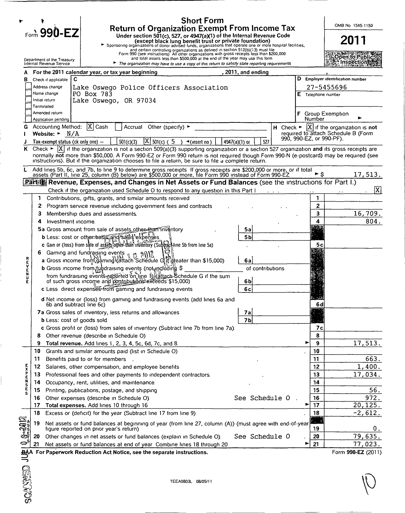 Image of first page of 2011 Form 990EO for Lake Oswego Police Officers Association