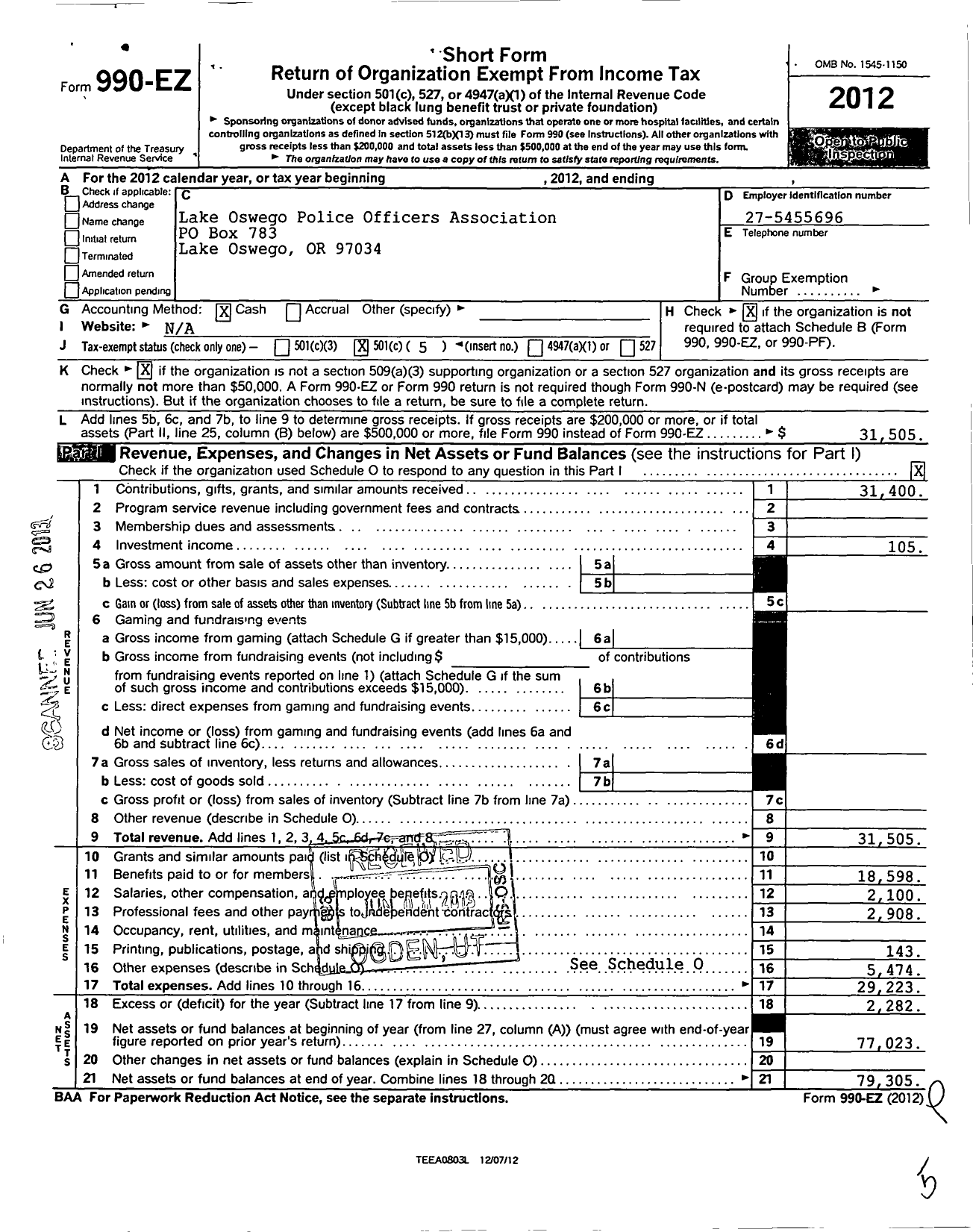 Image of first page of 2012 Form 990EO for Lake Oswego Police Officers Association