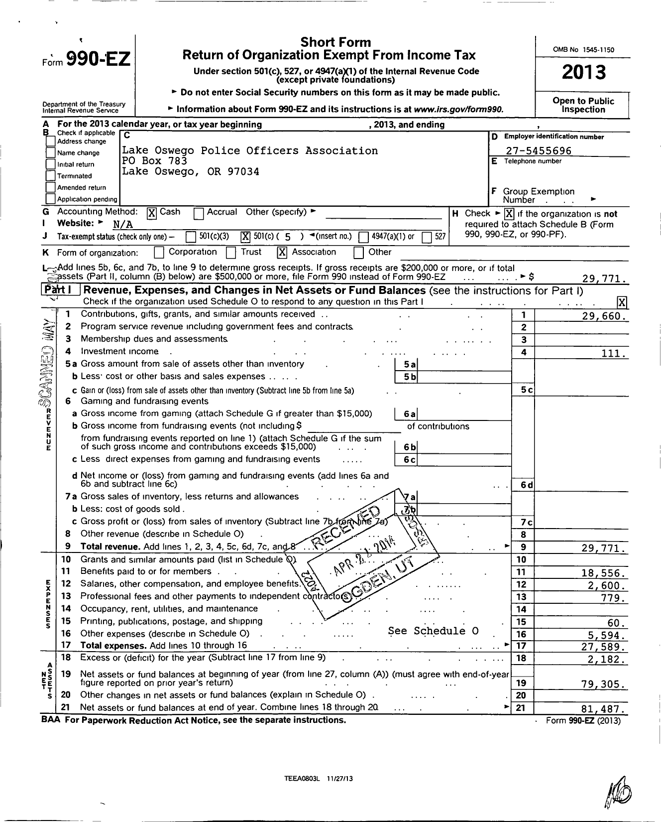 Image of first page of 2013 Form 990EO for Lake Oswego Police Officers Association