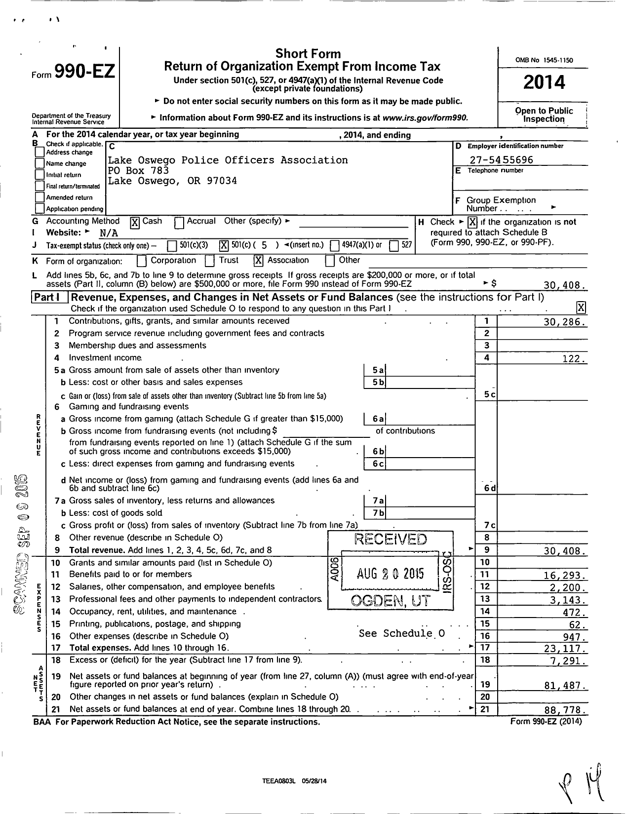 Image of first page of 2014 Form 990EO for Lake Oswego Police Officers Association