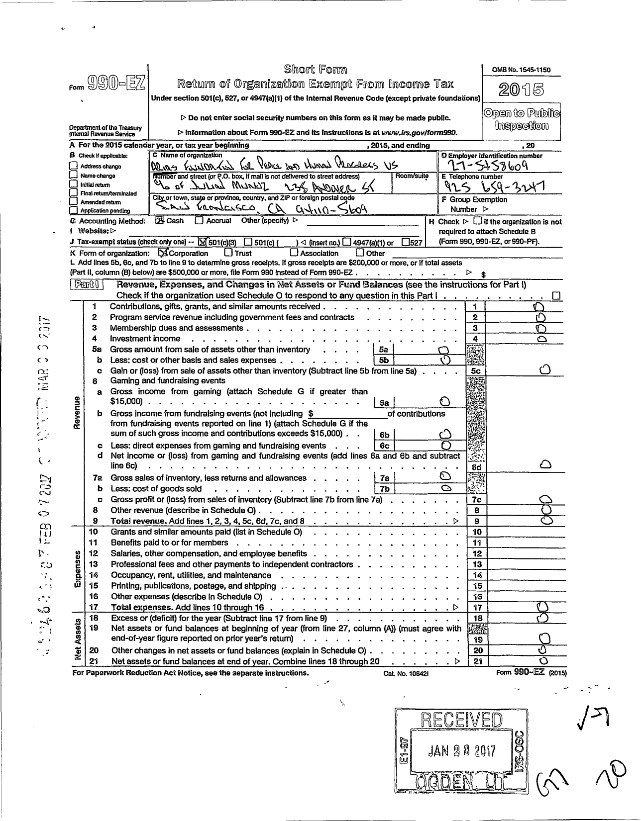Image of first page of 2015 Form 990EZ for Arias Foundation for Peace and Human Progress Us