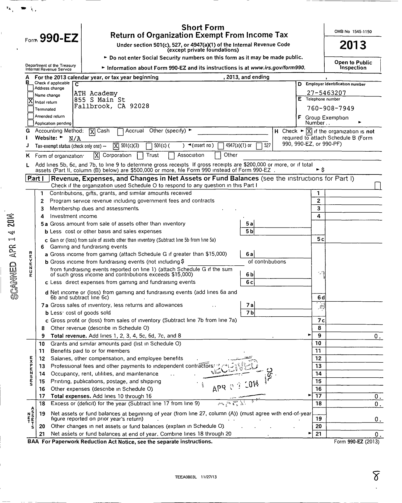 Image of first page of 2013 Form 990EZ for ATH Academy