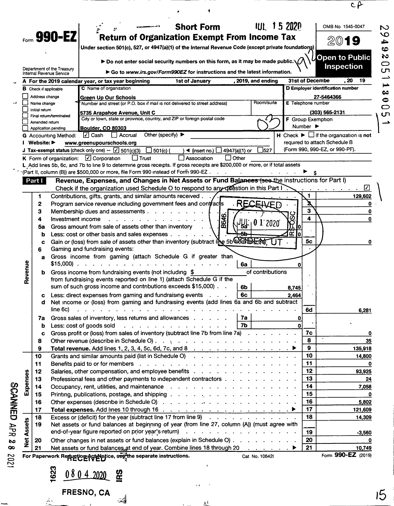 Image of first page of 2019 Form 990EZ for Green Up Our Schools