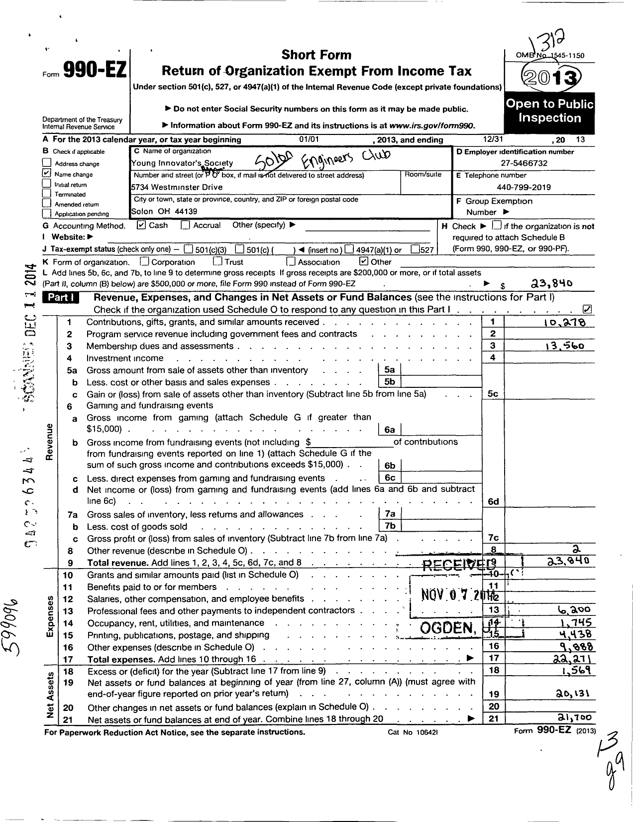 Image of first page of 2013 Form 990EO for Young Innovators Society