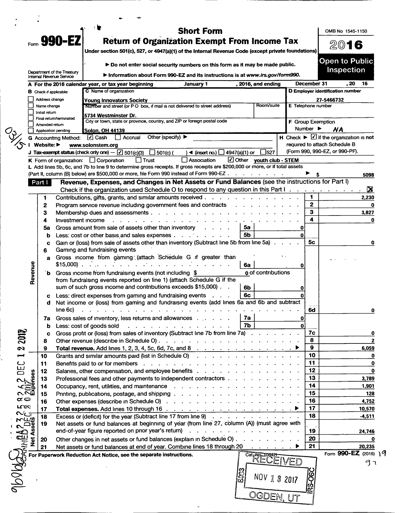 Image of first page of 2016 Form 990EZ for Young Innovators Society