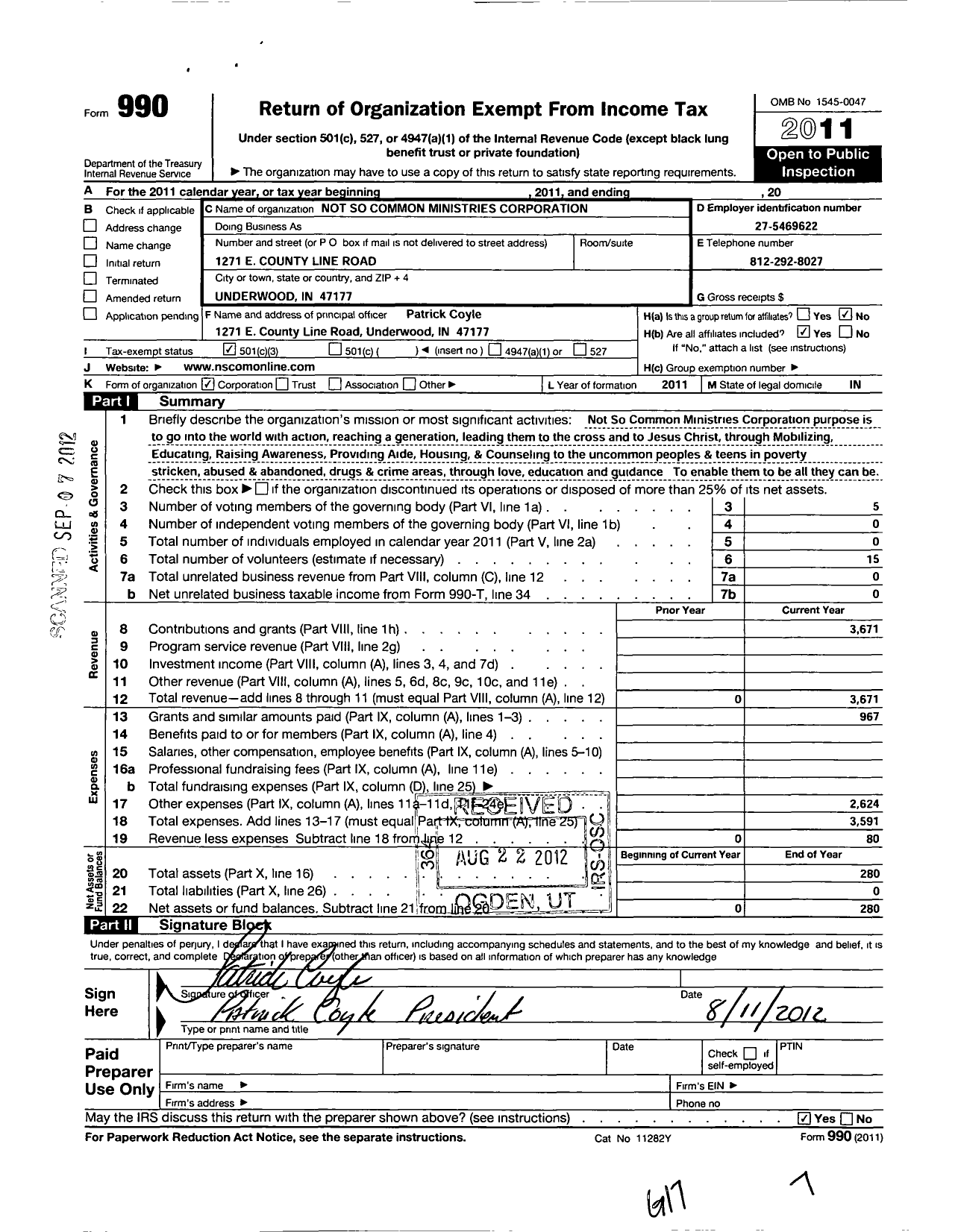 Image of first page of 2011 Form 990 for Not So Common Ministries Corporation