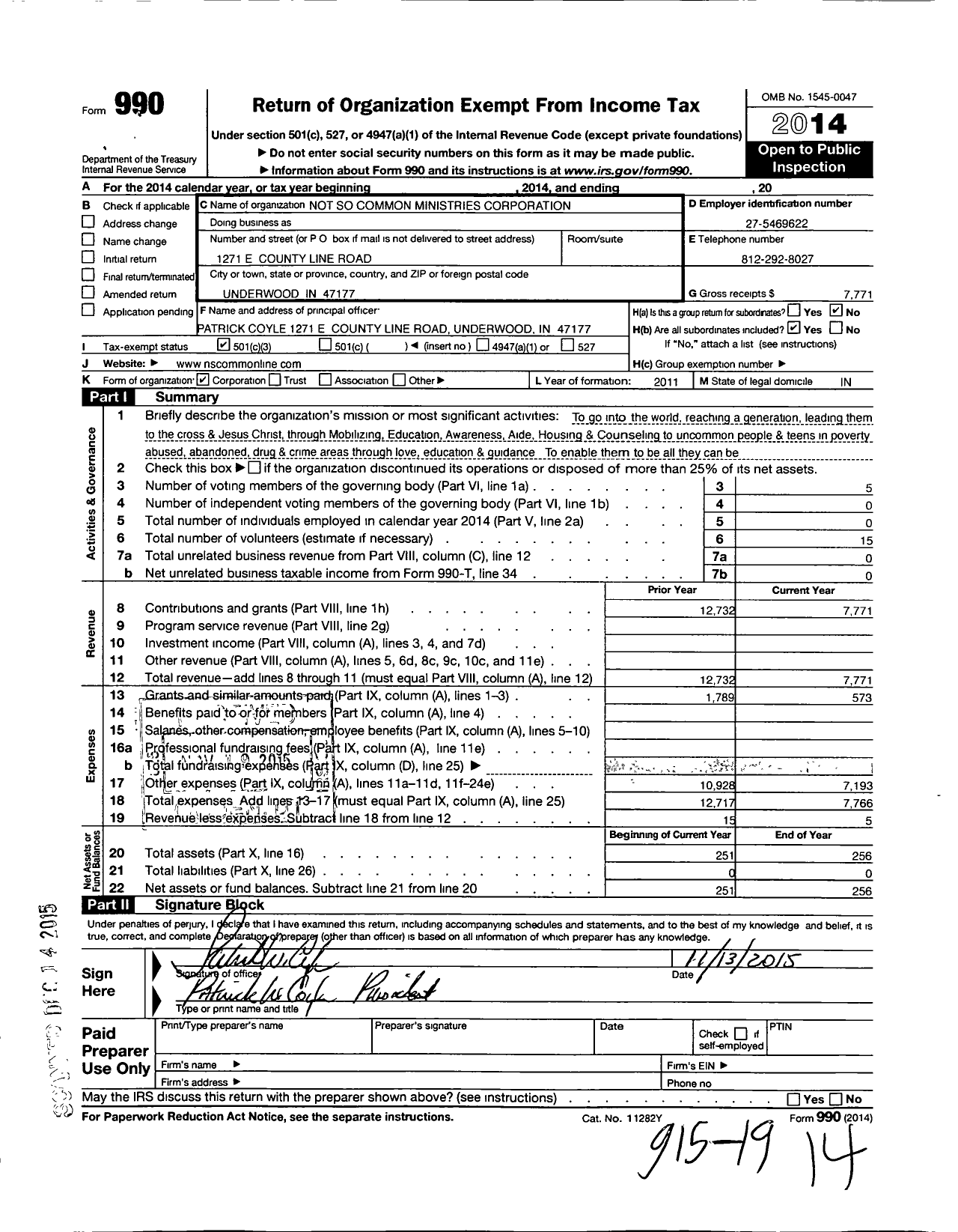 Image of first page of 2014 Form 990 for Not So Common Ministries Corporation