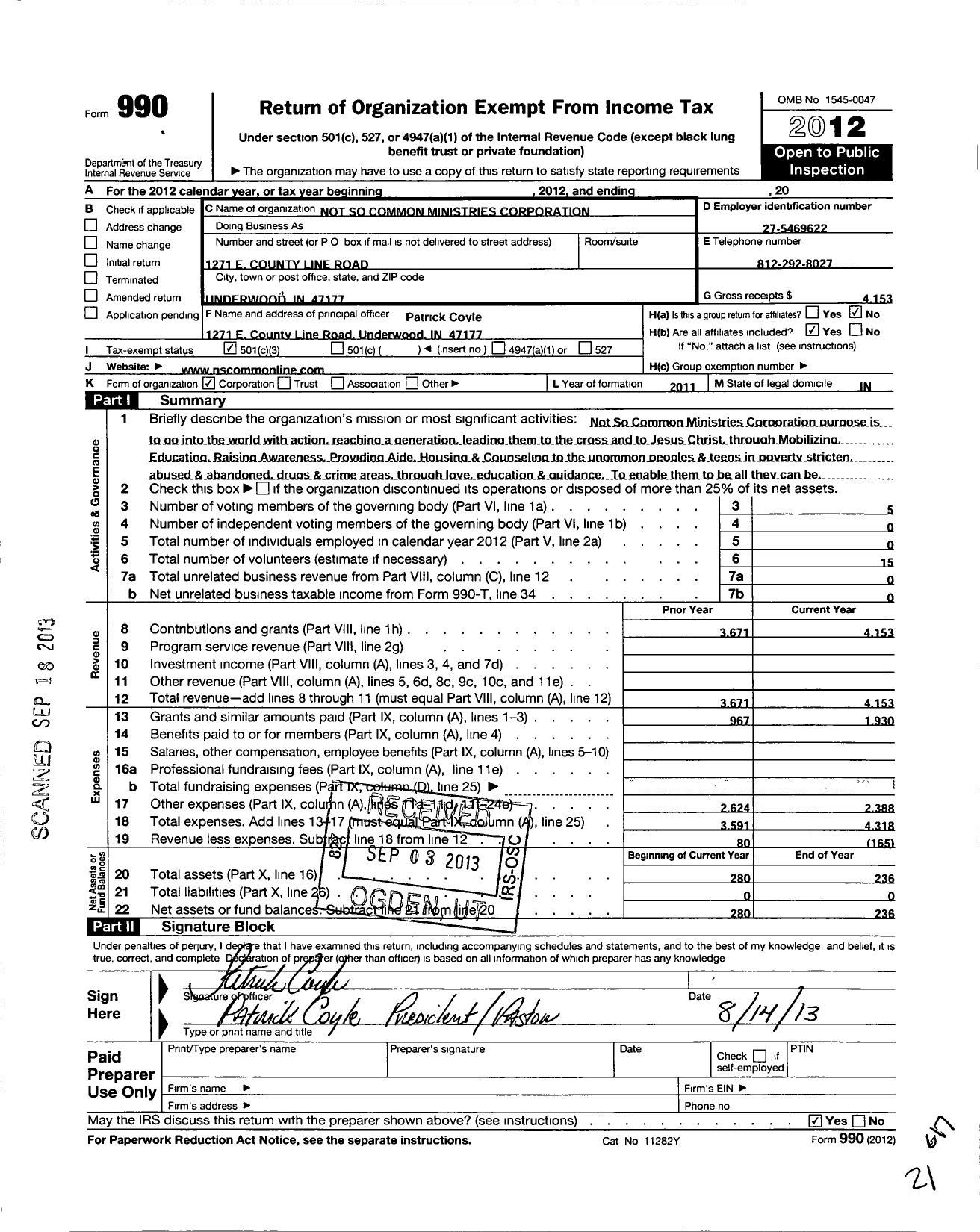 Image of first page of 2012 Form 990 for Not So Common Ministries Corporation