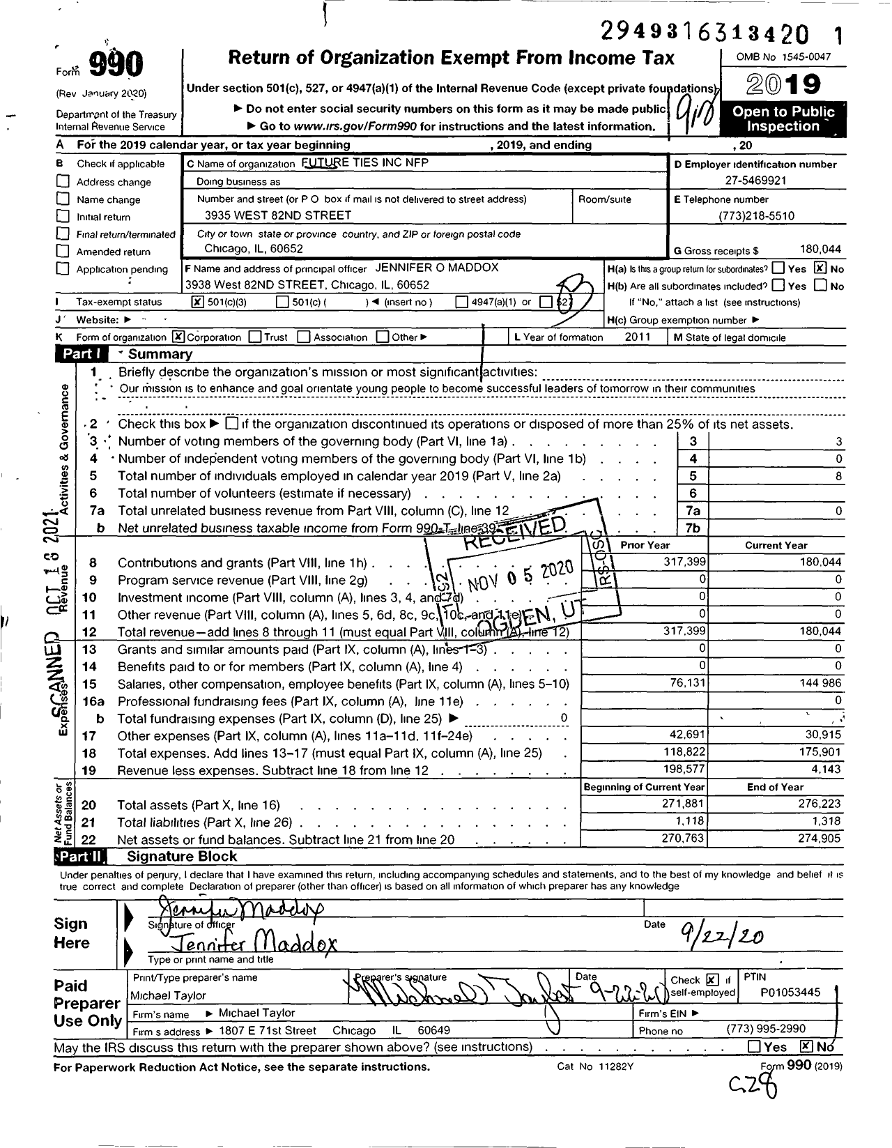 Image of first page of 2019 Form 990 for Future Ties NFP