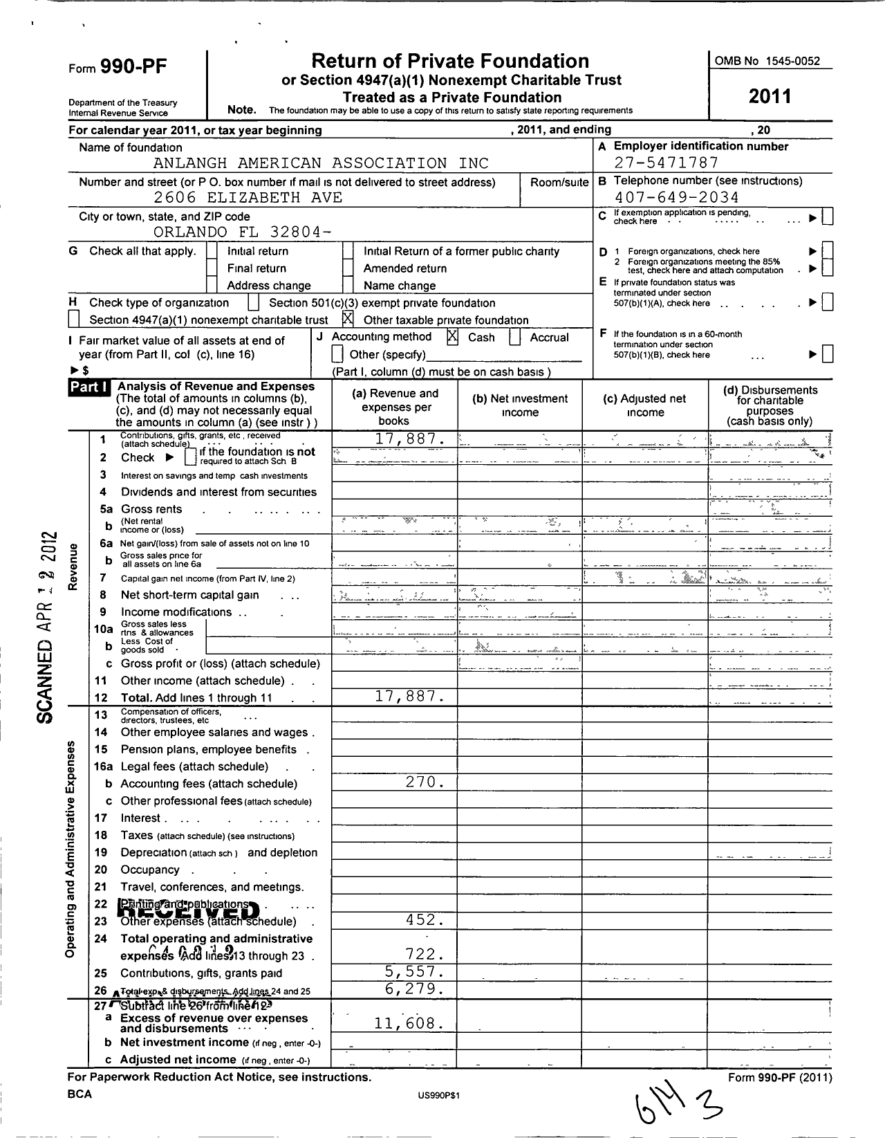 Image of first page of 2011 Form 990PF for Anlangh American Association