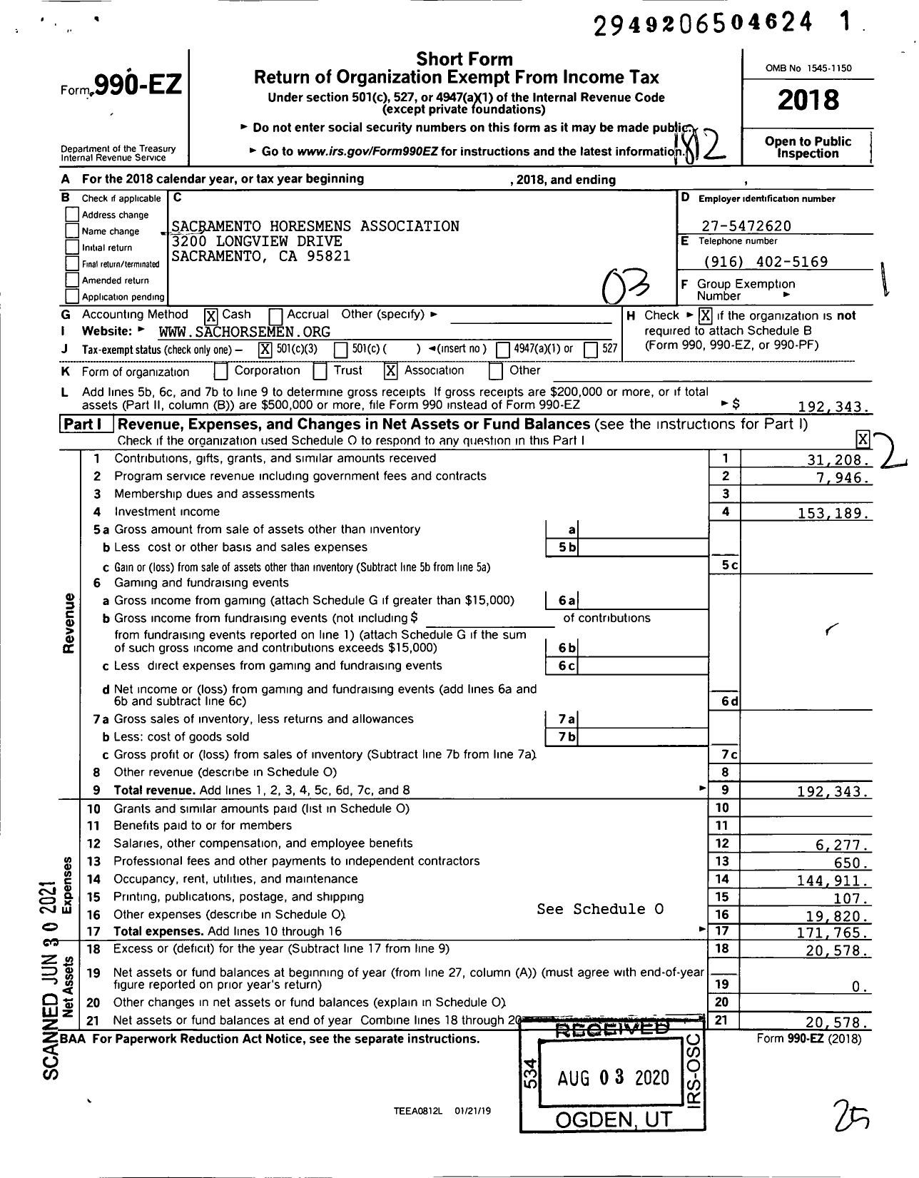 Image of first page of 2018 Form 990EZ for Sacramento Horsemens Association